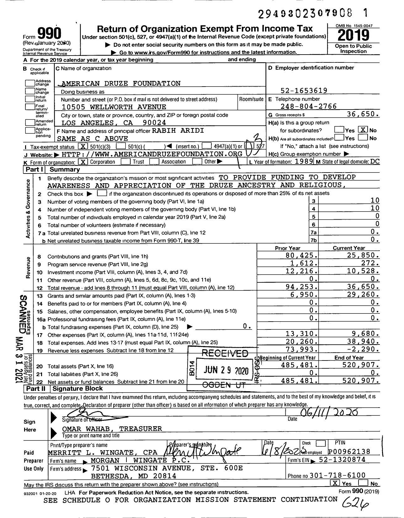 Image of first page of 2019 Form 990 for American Druze Foundation