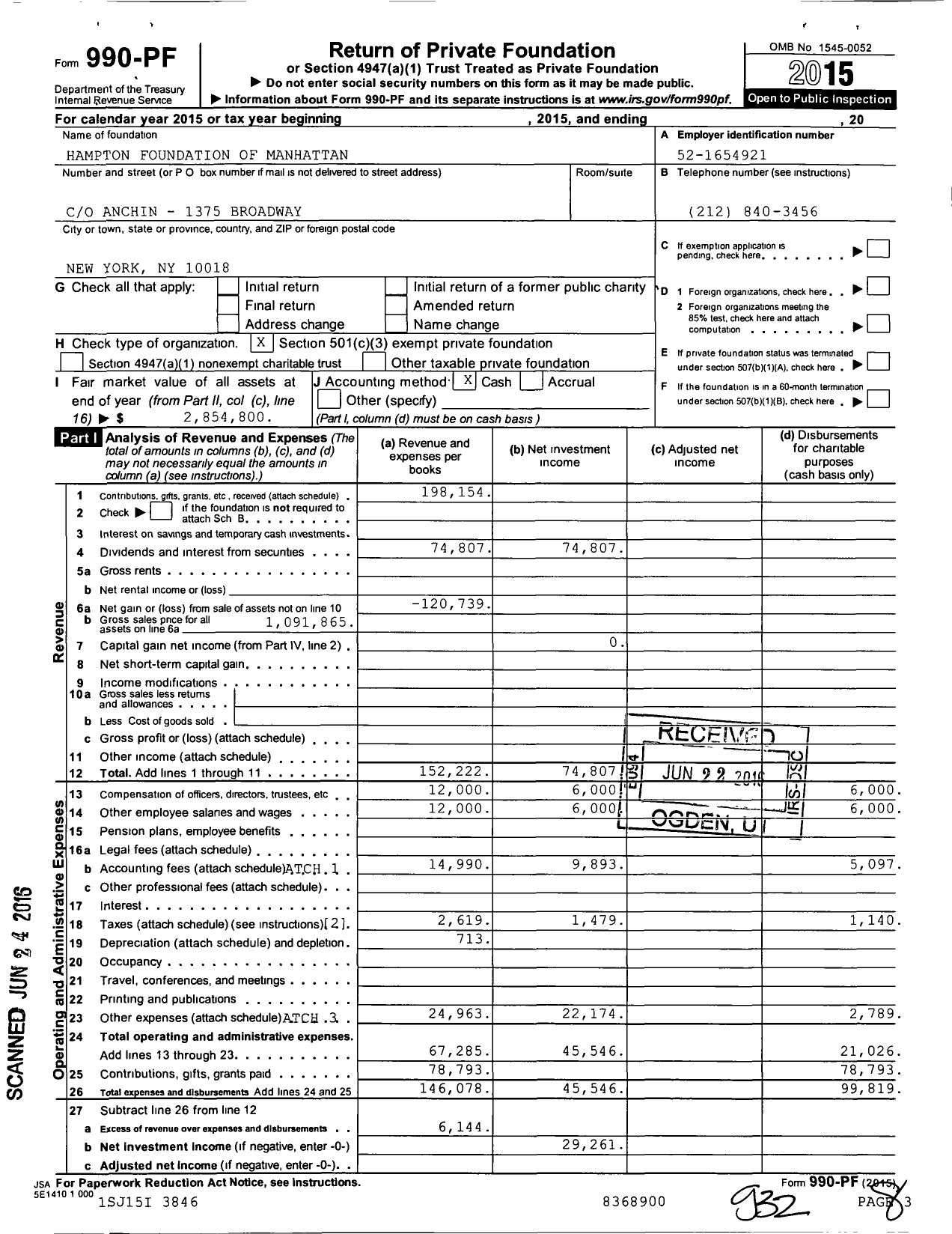Image of first page of 2015 Form 990PF for The Robert Stern Family Foundation