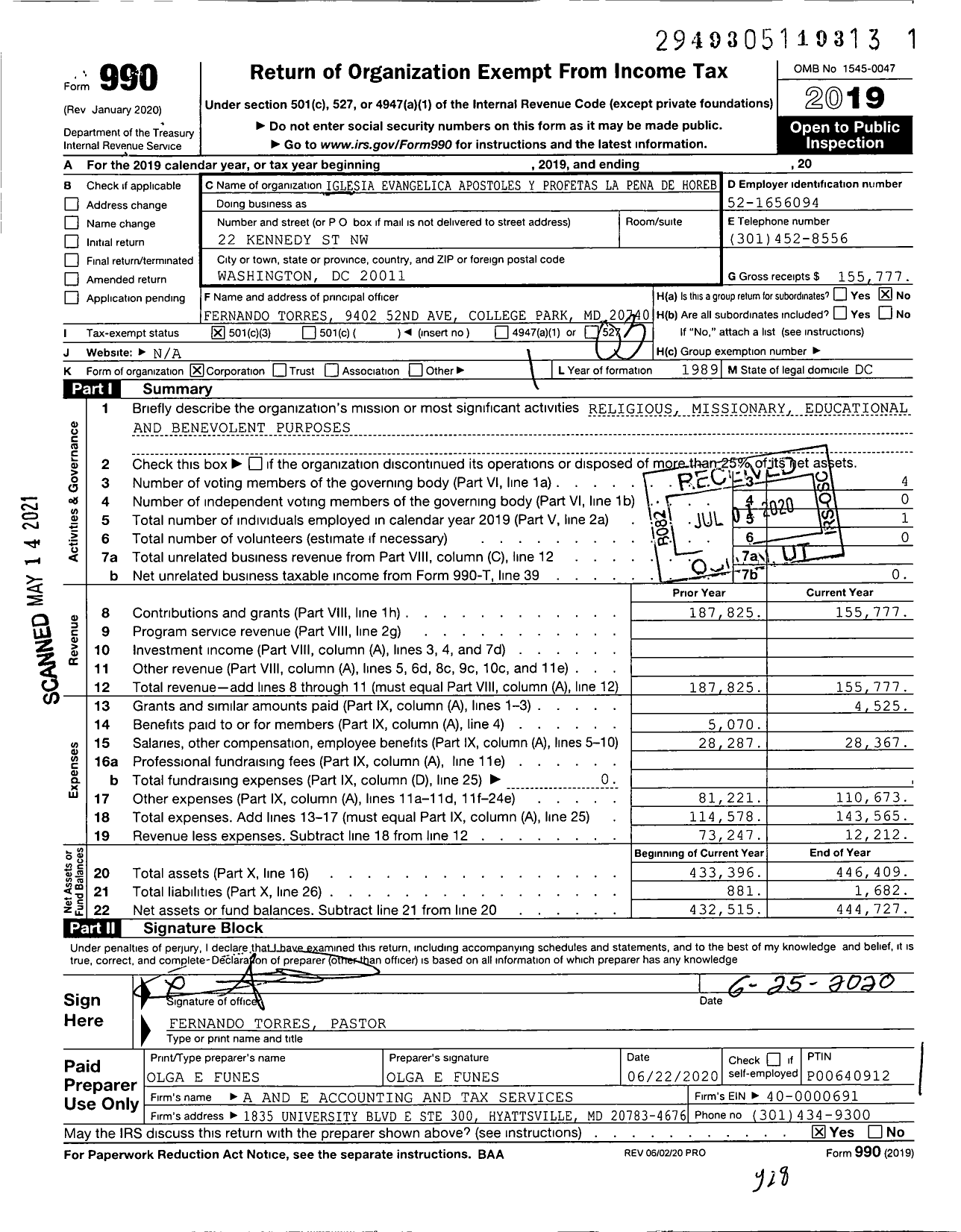 Image of first page of 2019 Form 990 for Iglesia Evangelica Apostoles Y Profetas La Pena de Horeb