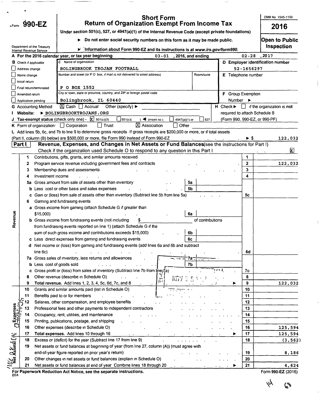 Image of first page of 2016 Form 990EZ for Bolingbrook Trojan Football