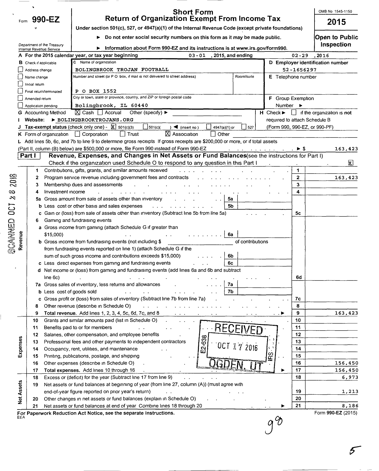 Image of first page of 2015 Form 990EZ for Bolingbrook Trojan Football