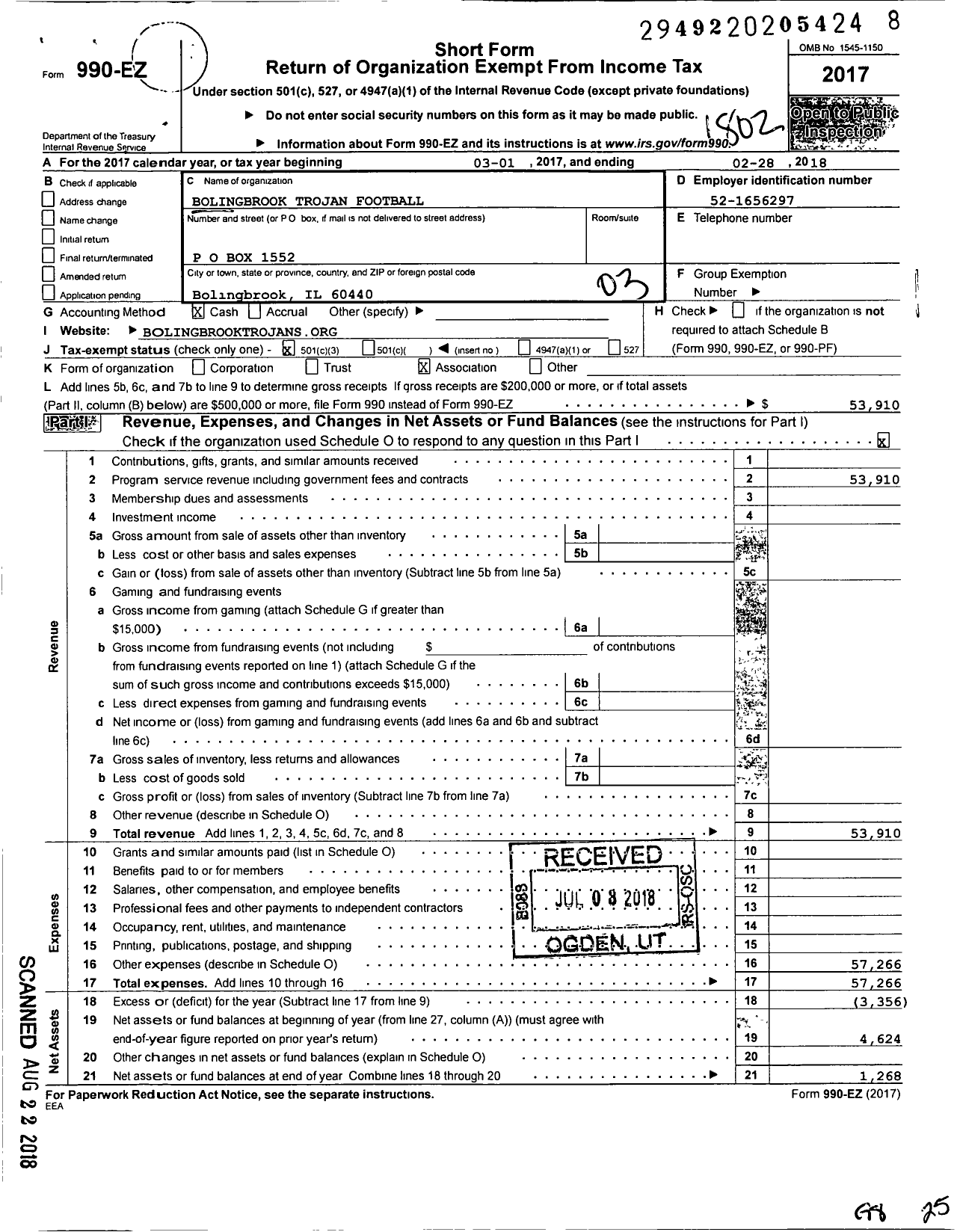 Image of first page of 2017 Form 990EZ for Bolingbrook Trojan Football