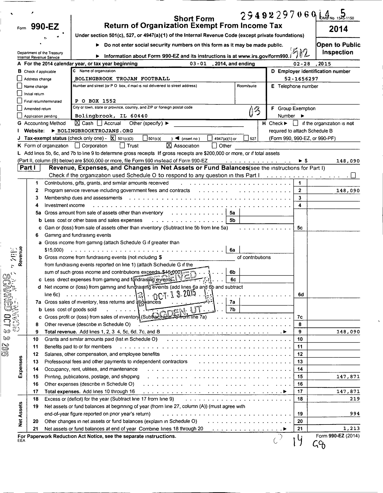 Image of first page of 2014 Form 990EZ for Bolingbrook Trojan Football