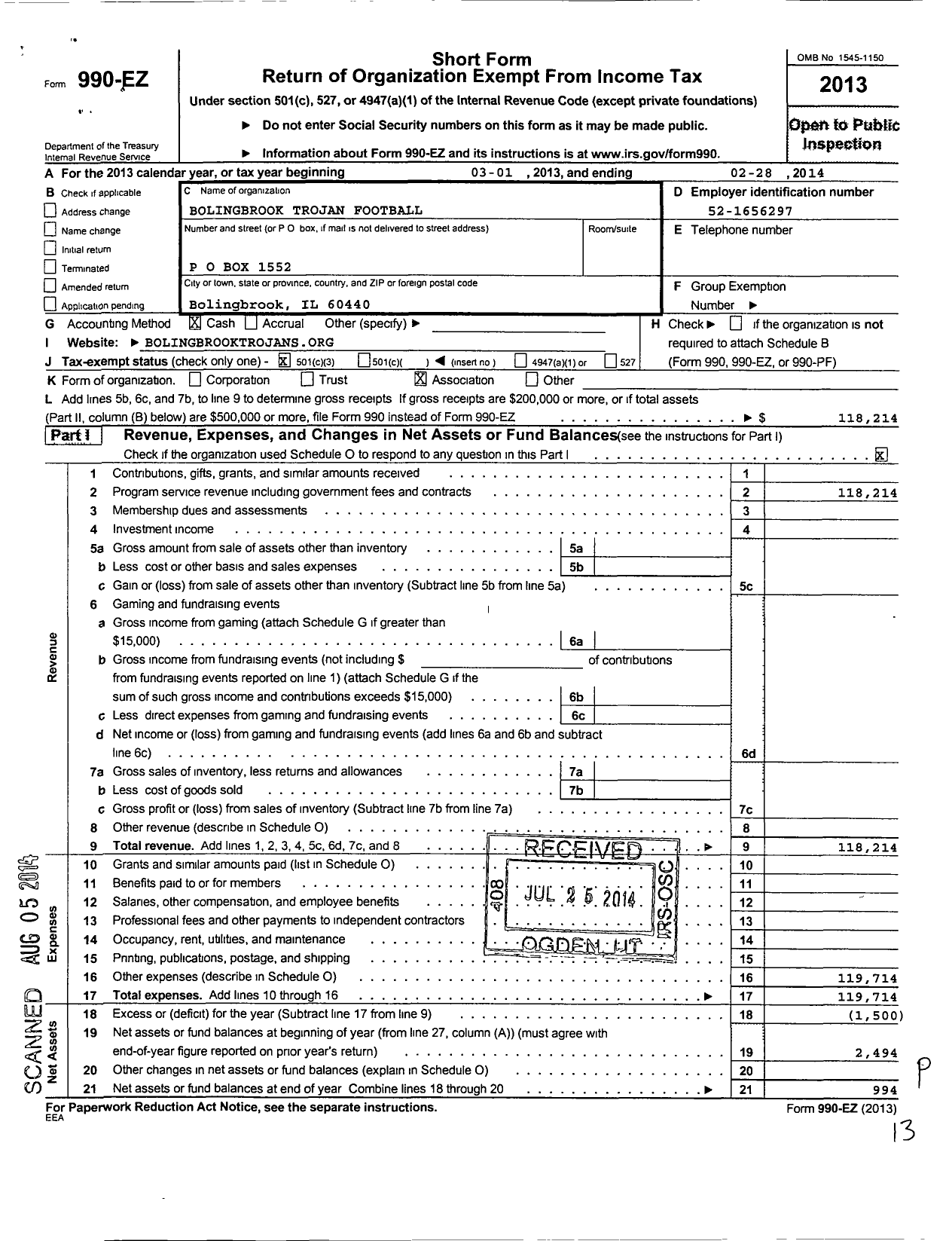 Image of first page of 2013 Form 990EZ for Bolingbrook Trojan Football