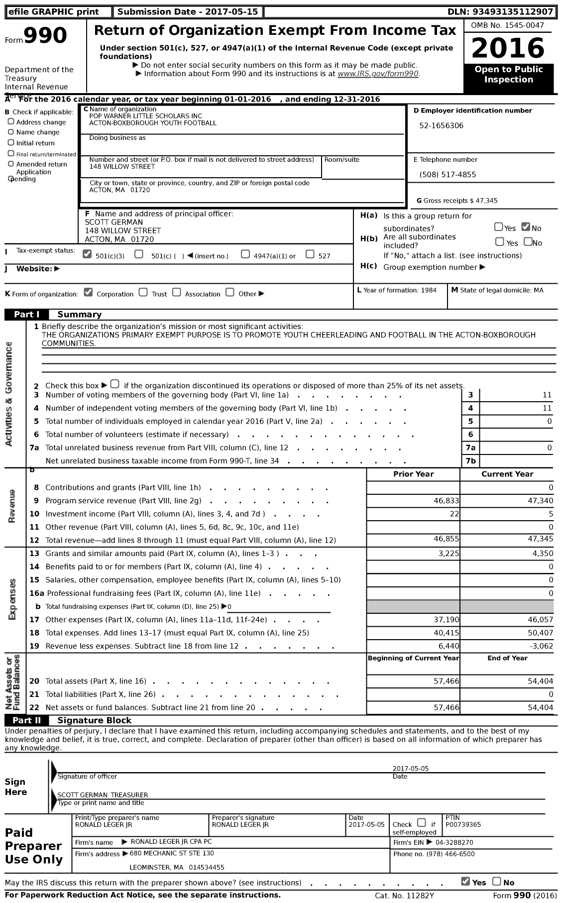 Image of first page of 2016 Form 990 for Pop Warner Little Scholars Acton-Boxborough Youth Football