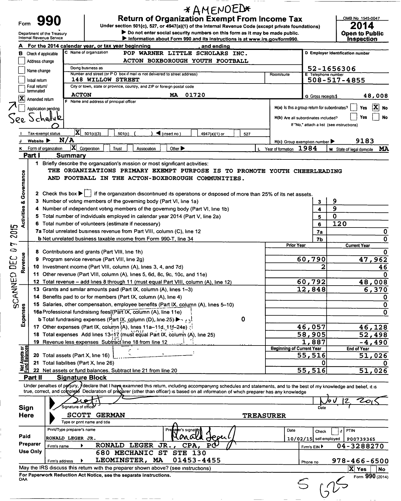 Image of first page of 2014 Form 990 for Pop Warner Little Scholars Acton-Boxborough Youth Football