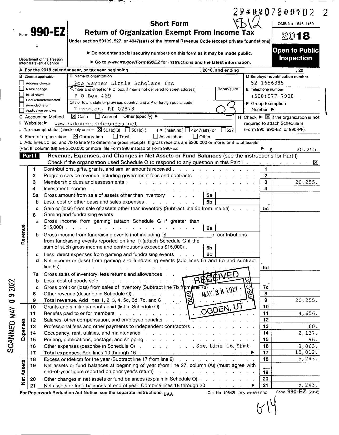 Image of first page of 2018 Form 990EZ for Pop Warner Little Scholars / Sakonnet Schooners Football League