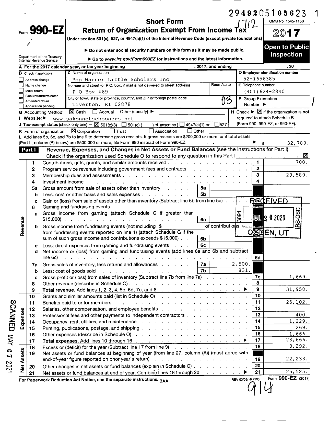 Image of first page of 2017 Form 990EZ for Pop Warner Little Scholars / Sakonnet Schooners Football League