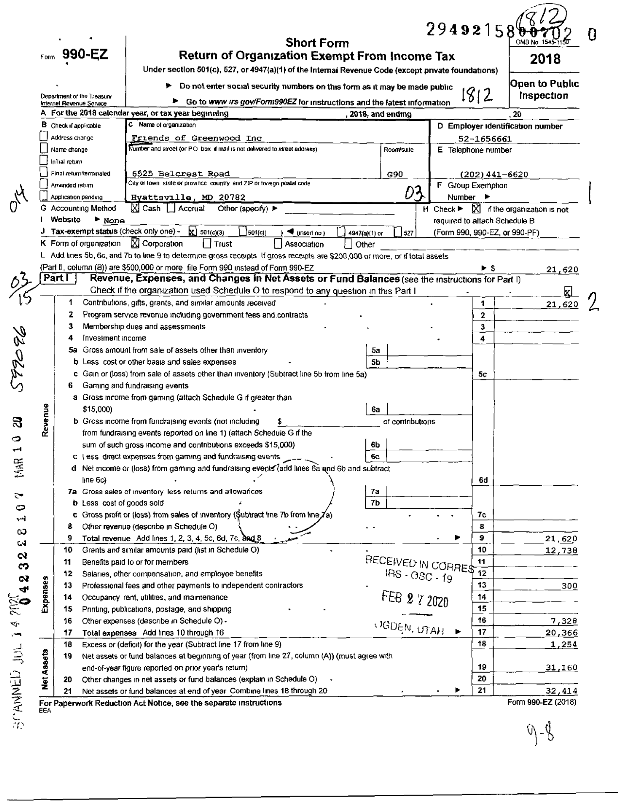 Image of first page of 2018 Form 990EZ for Friends of Greenwood