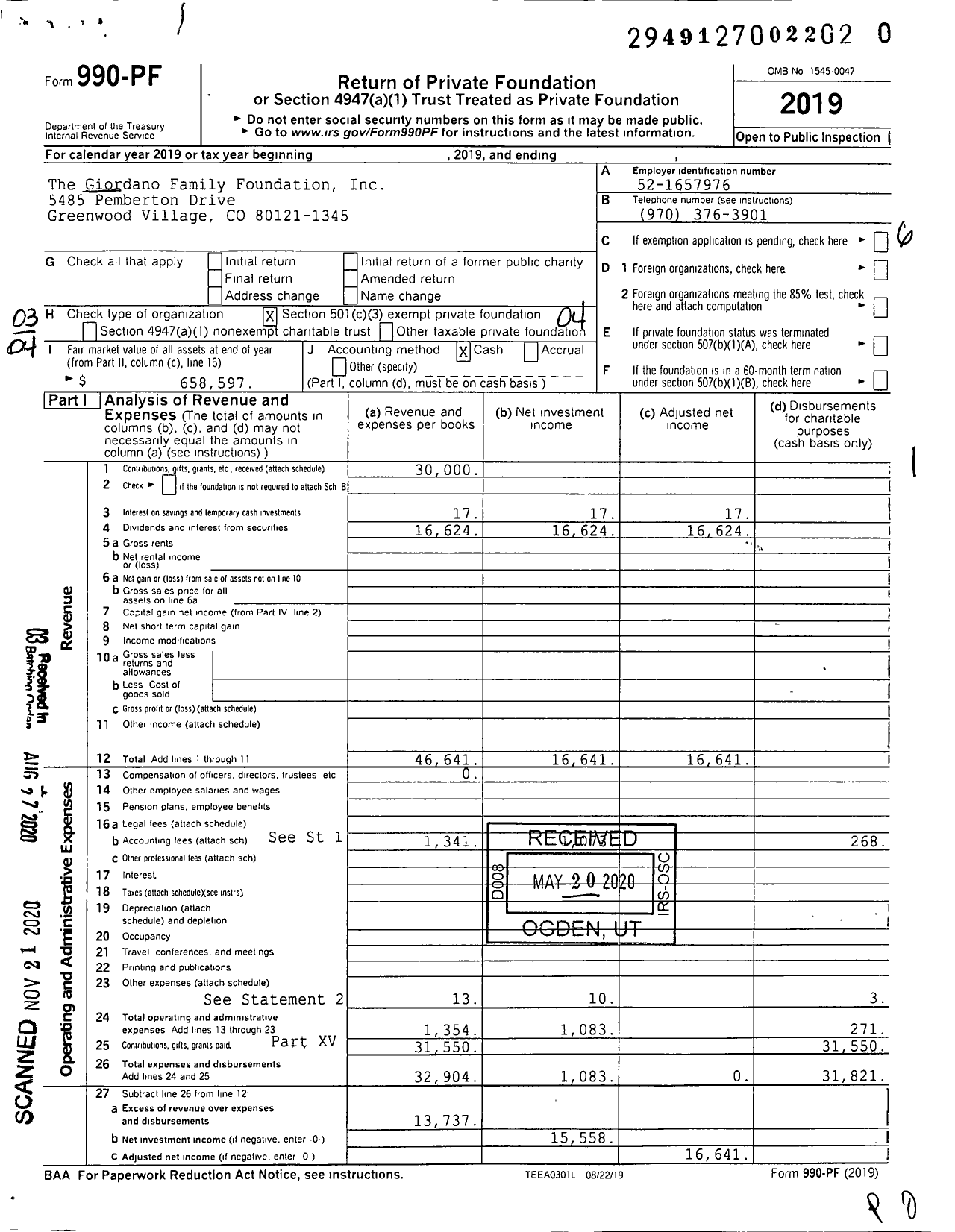 Image of first page of 2019 Form 990PF for The Giordano Family Foundation