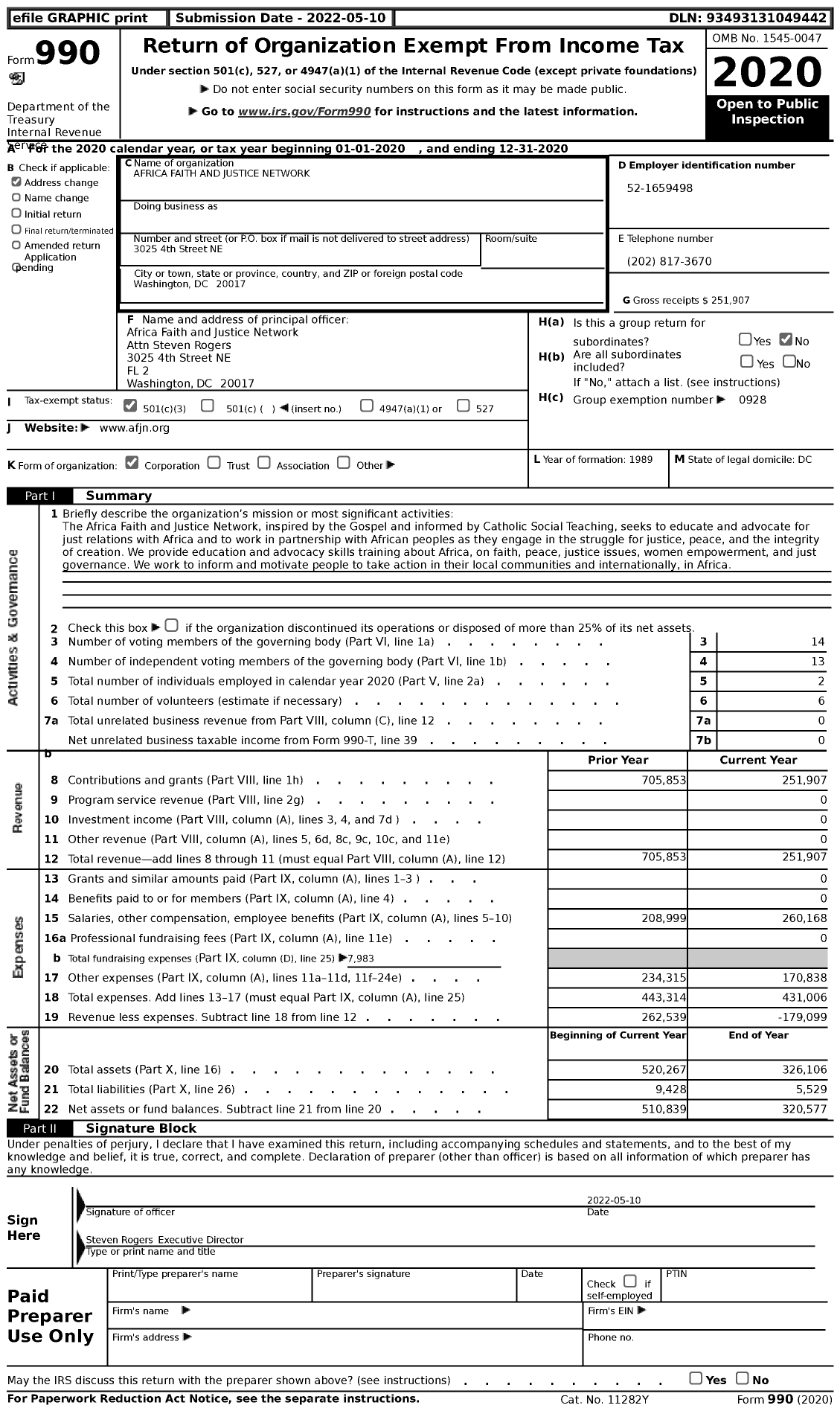 Image of first page of 2020 Form 990 for Africa Faith and Justice Network