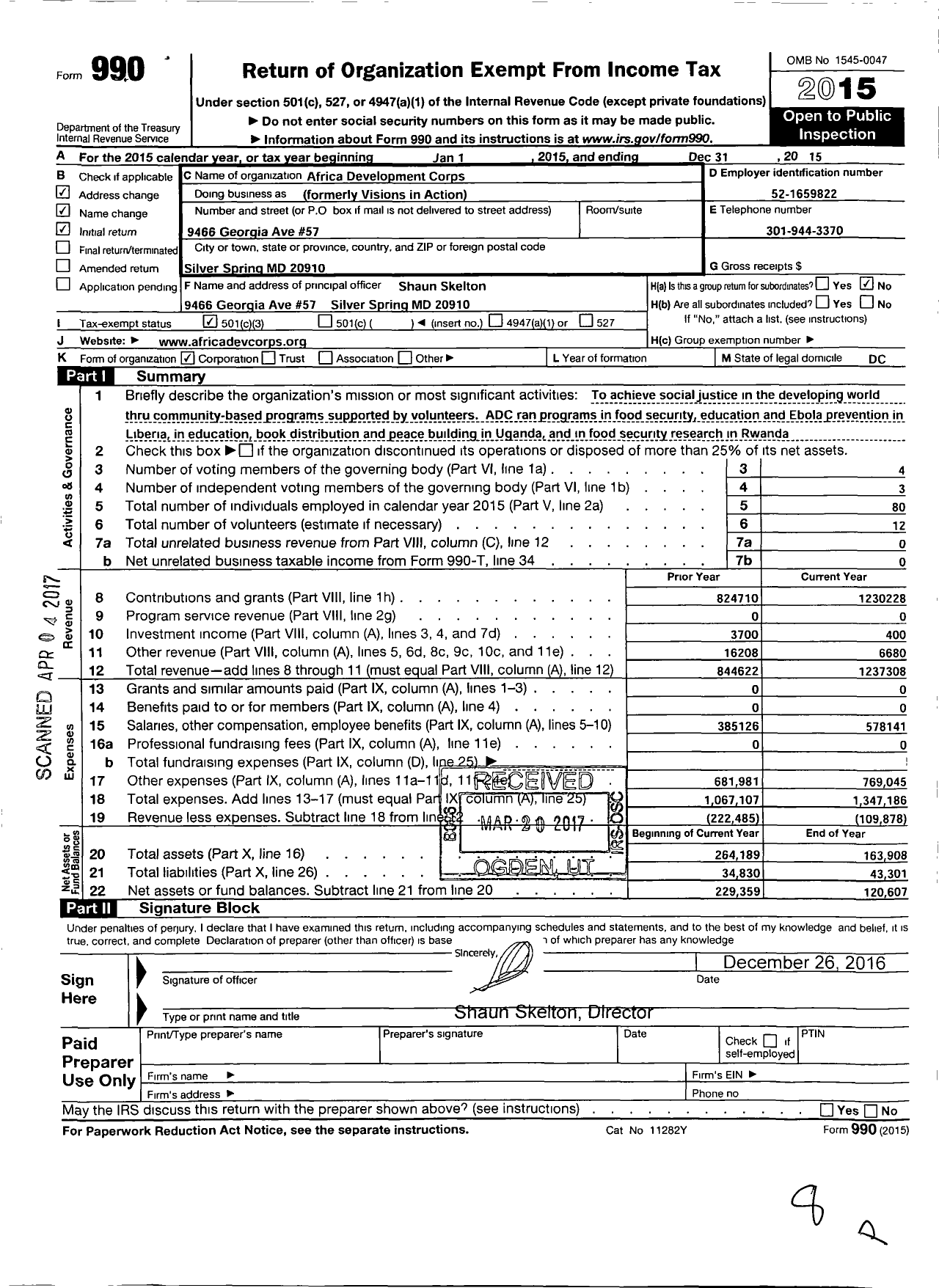 Image of first page of 2015 Form 990 for Africa Development Corps