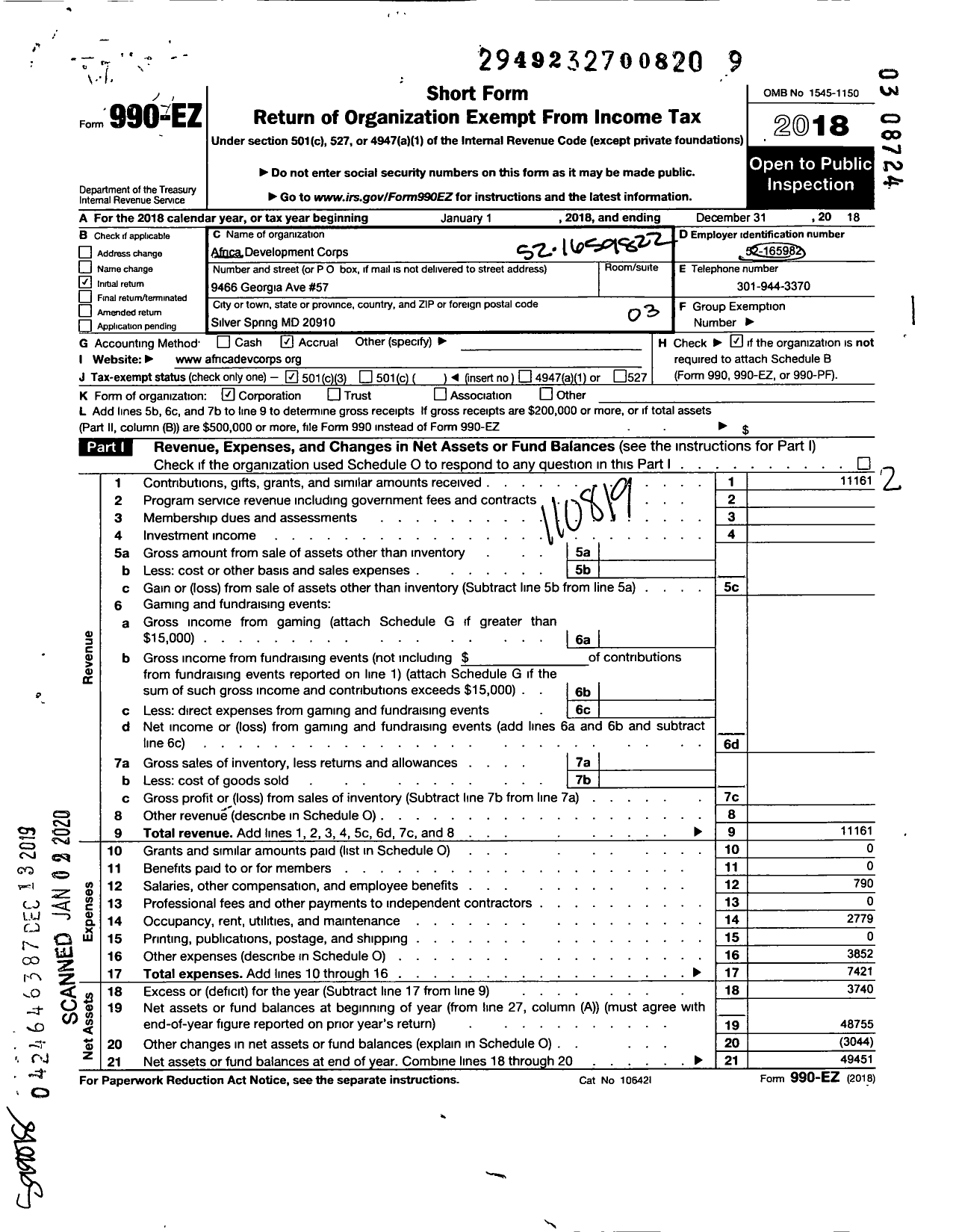 Image of first page of 2018 Form 990EZ for Africa Development Corps