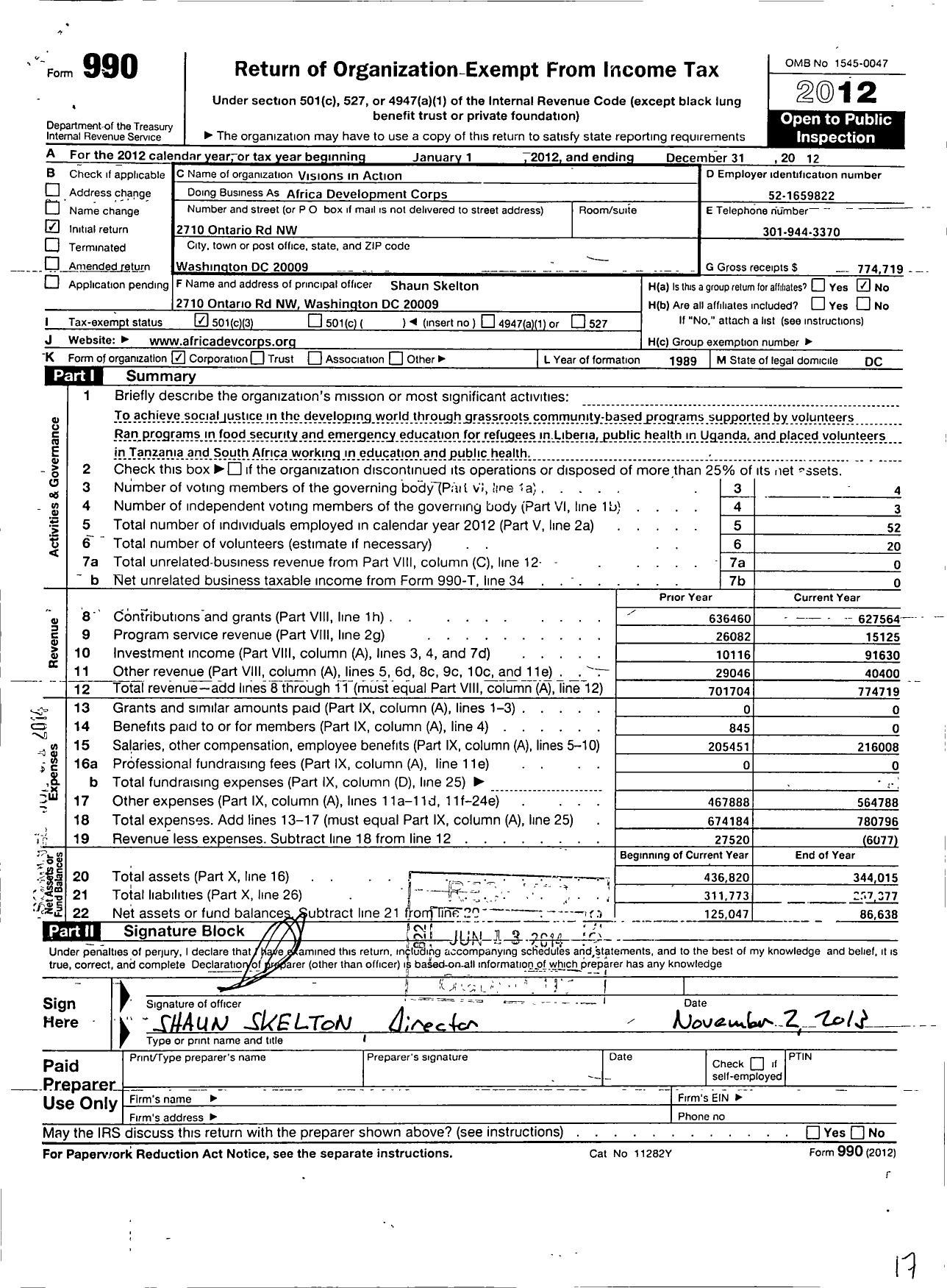 Image of first page of 2012 Form 990 for Africa Development Corps