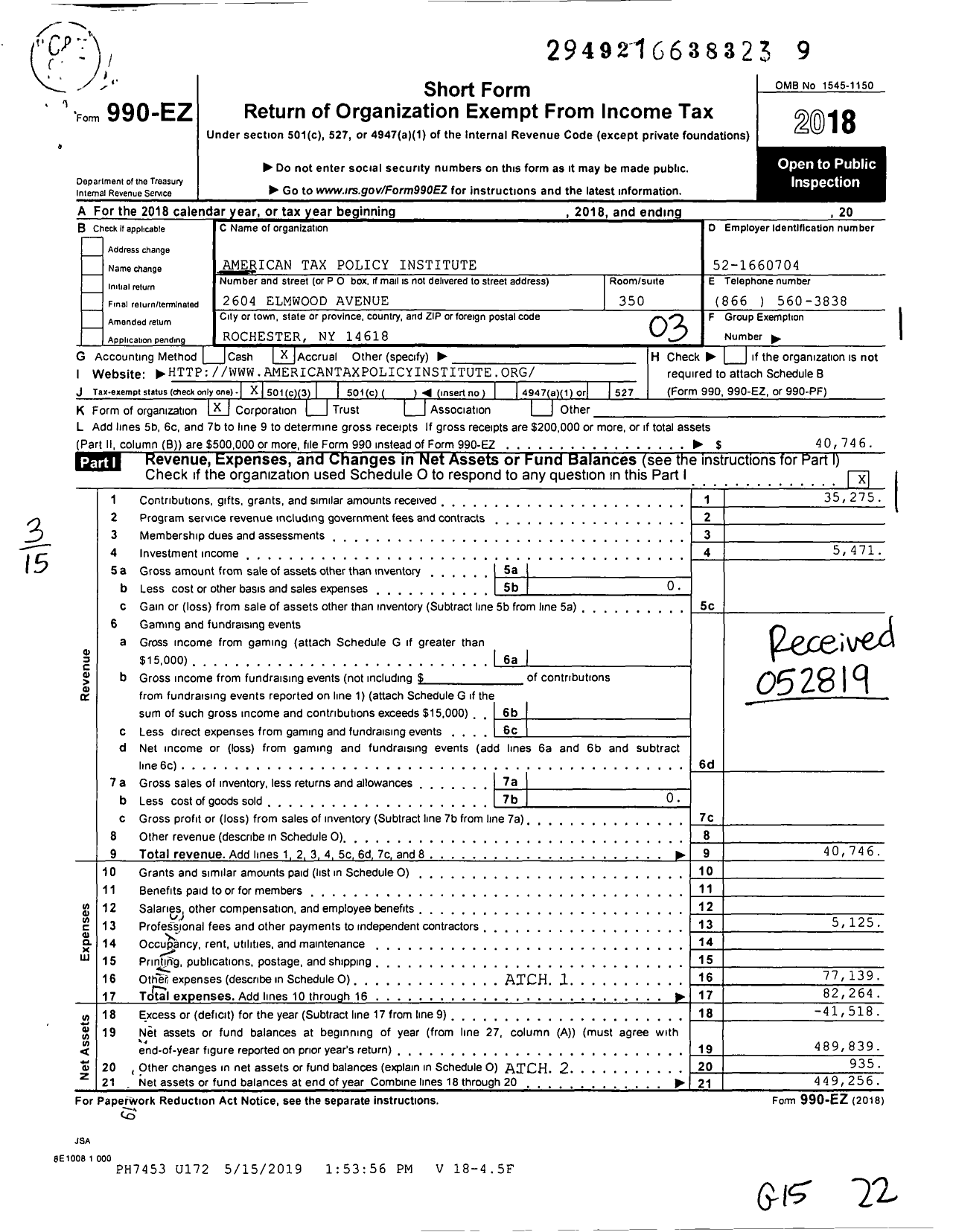 Image of first page of 2018 Form 990EZ for American Tax Policy Institute