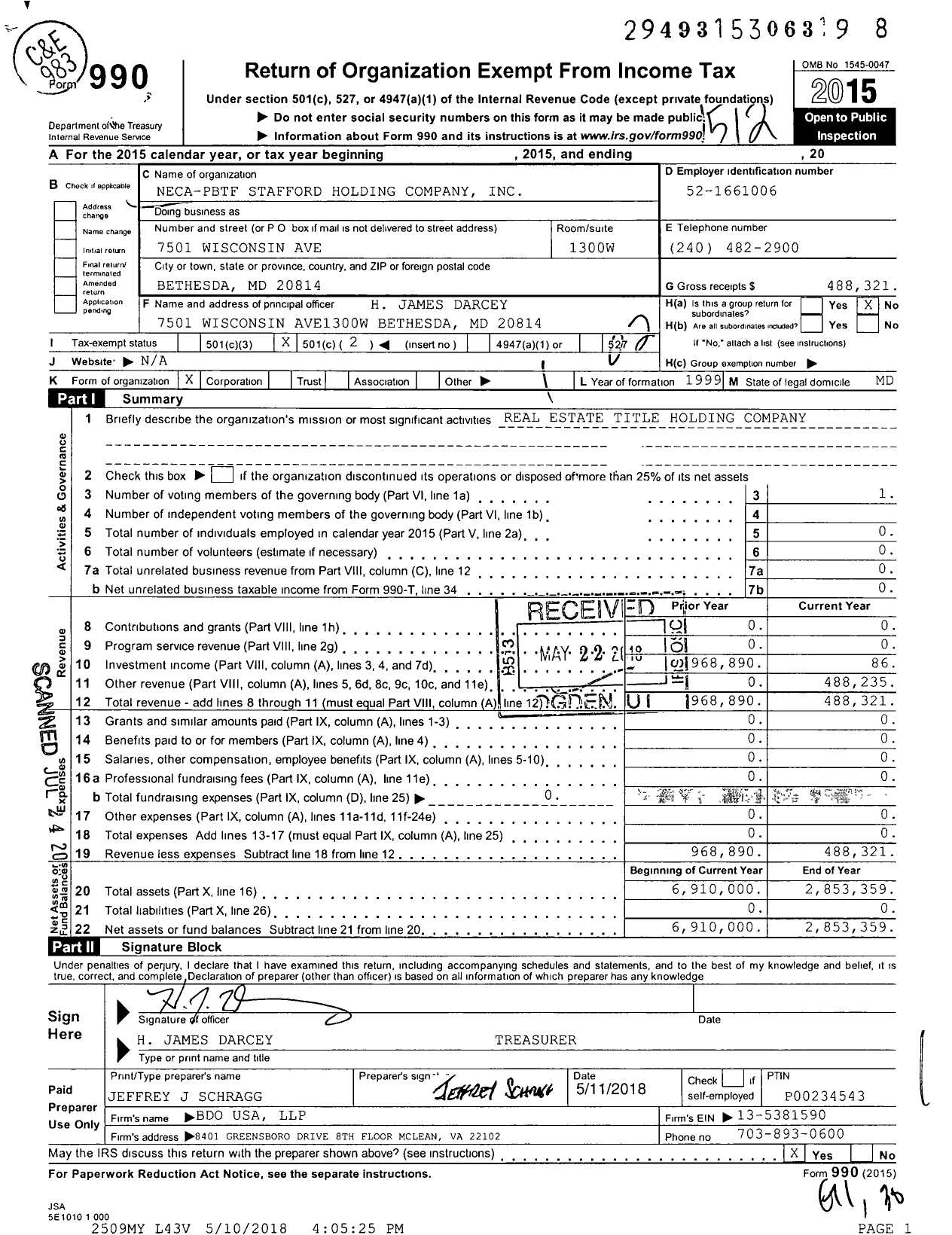 Image of first page of 2015 Form 990O for NECA-PBTF Stafford Holding Company