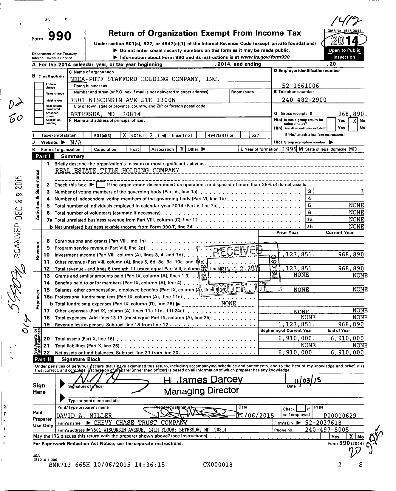 Image of first page of 2014 Form 990O for NECA-PBTF Stafford Holding Company