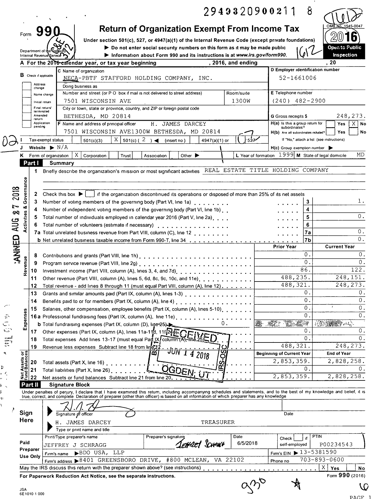 Image of first page of 2016 Form 990O for NECA-PBTF Stafford Holding Company