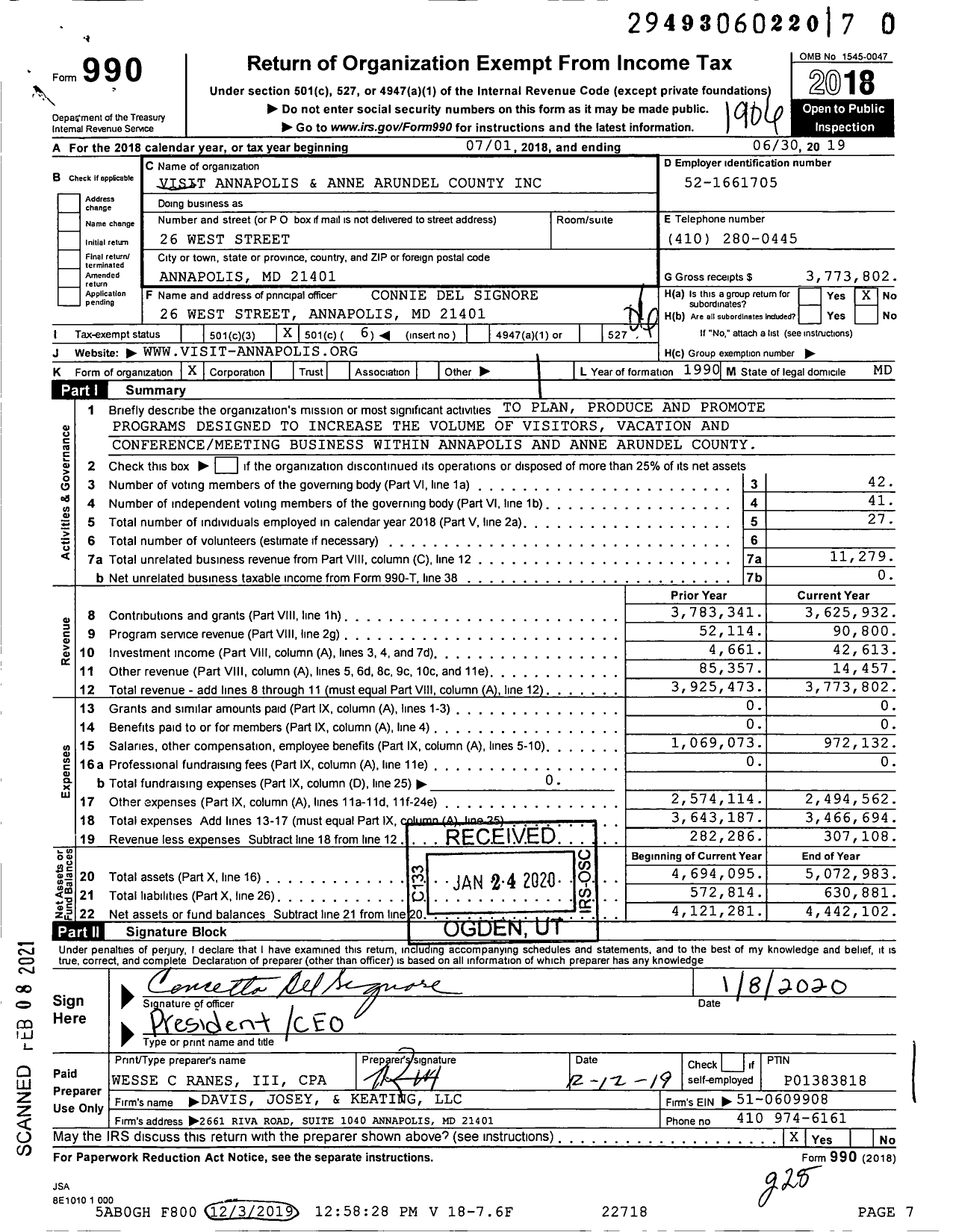 Image of first page of 2018 Form 990O for Visit Annapolis and Anne Arundel County (AAACCVB)