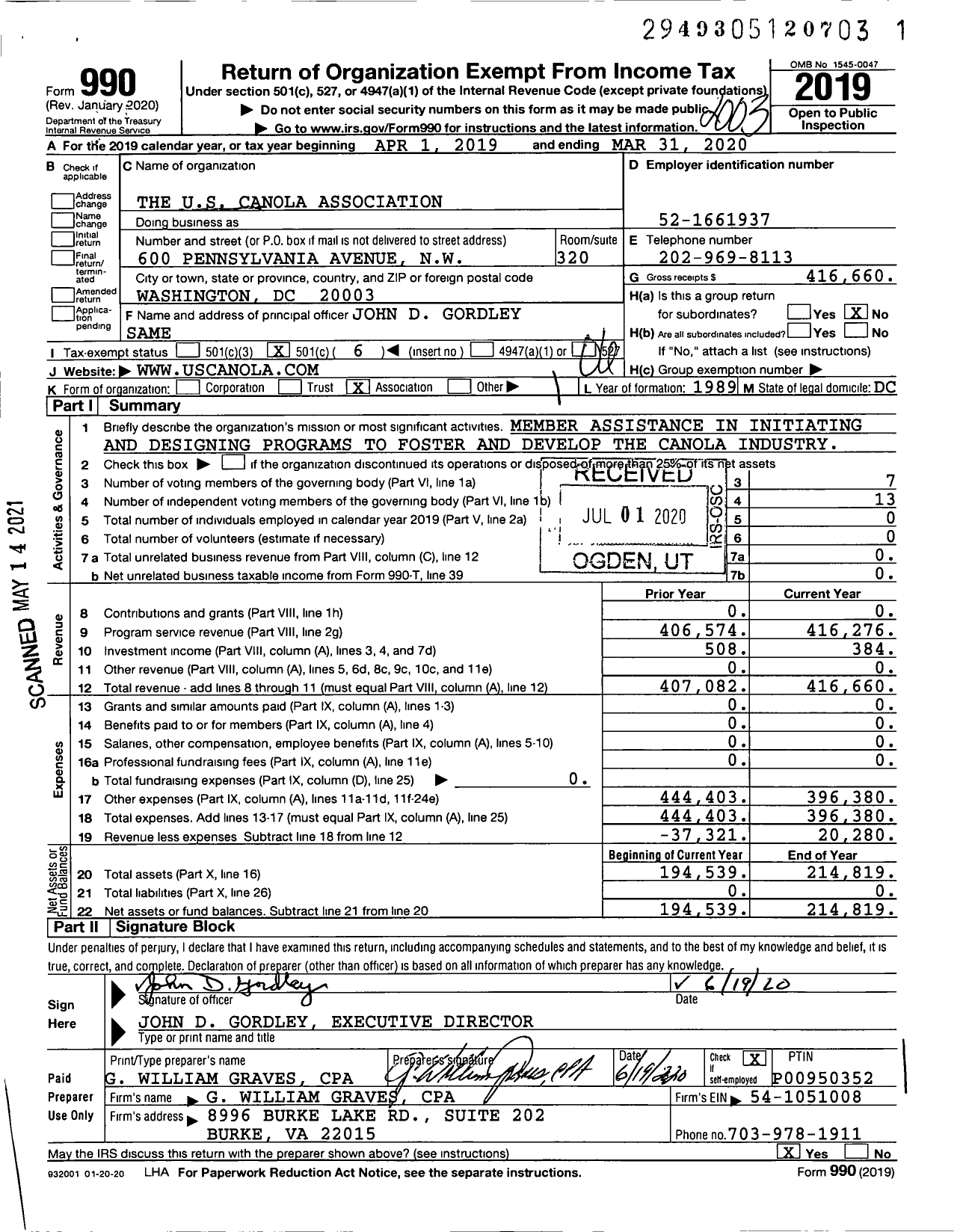 Image of first page of 2019 Form 990O for The Us Canola Association