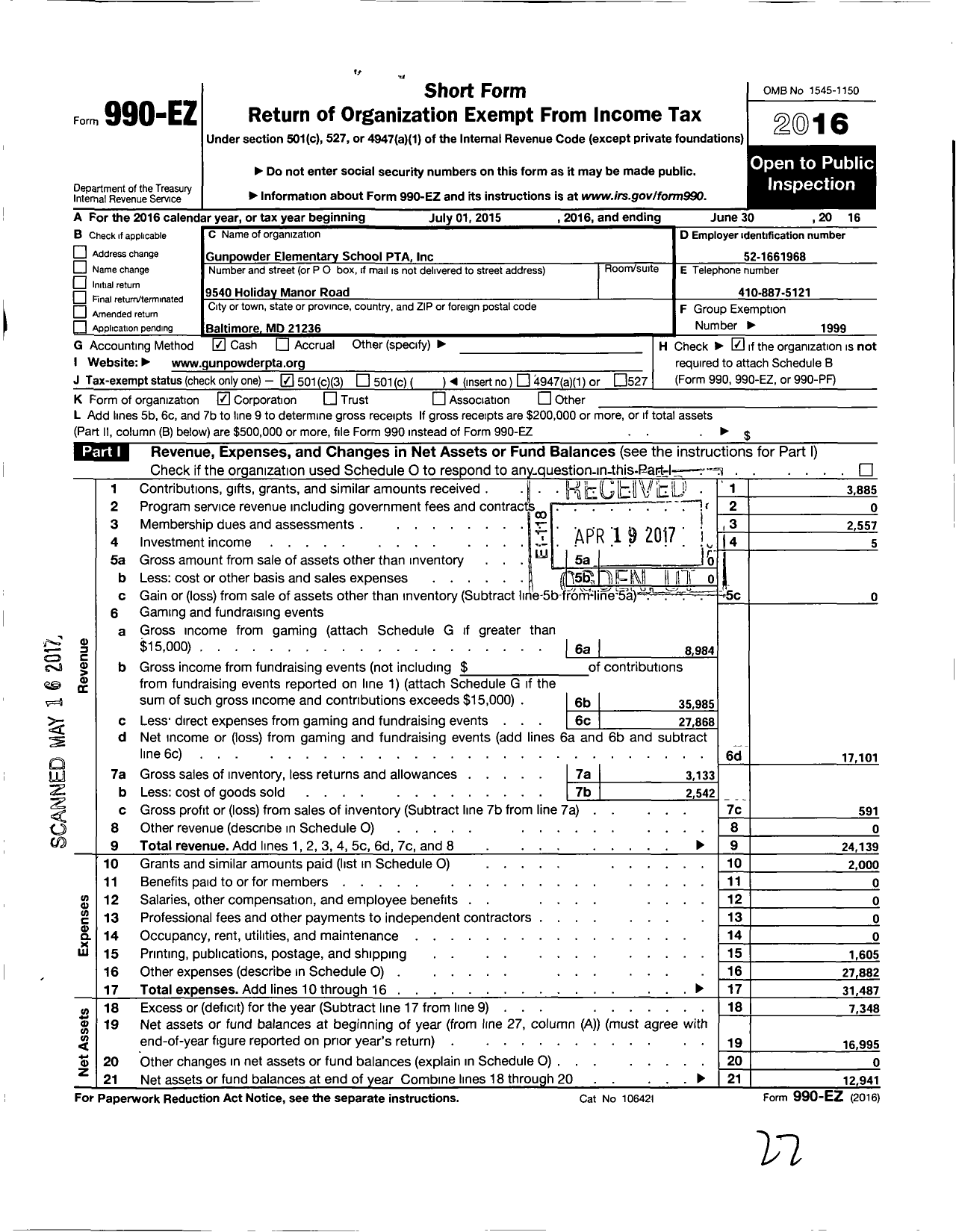 Image of first page of 2015 Form 990EZ for PTA Maryland Congress of Parent and Teachers / Gunpowder Elementary PTA