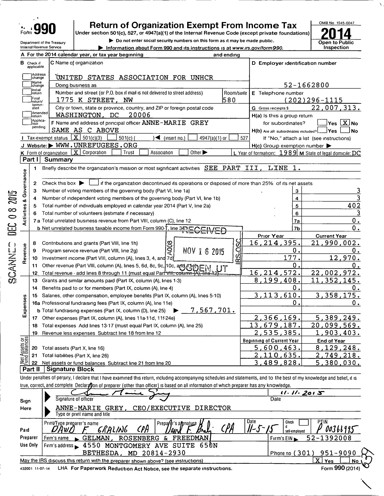 Image of first page of 2014 Form 990 for United States Association for United Nations High Commissioner for Refugees (USA for UNHCR)