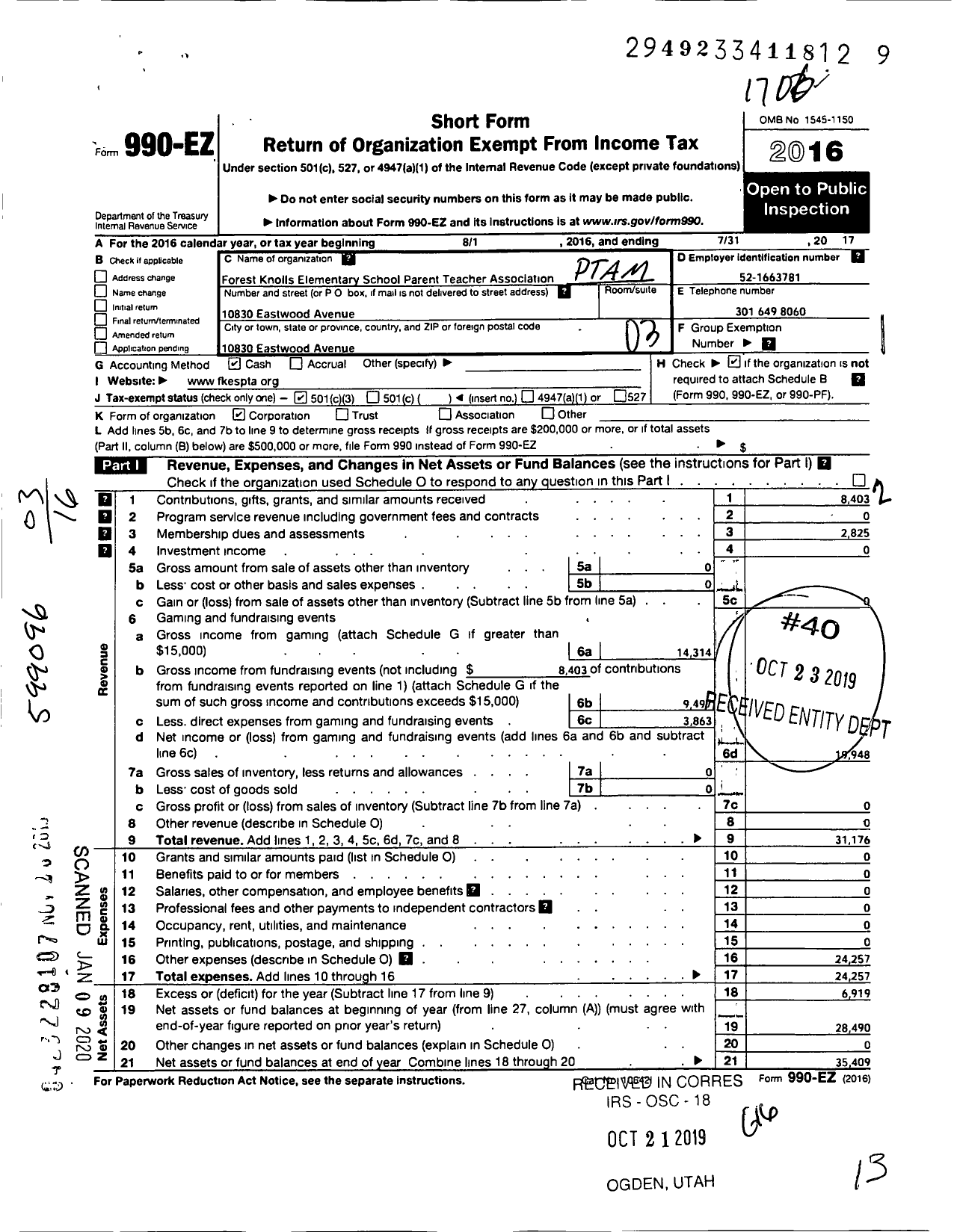 Image of first page of 2016 Form 990EZ for PTA Delaware Congress / Forest Knolls Elementary School PTA