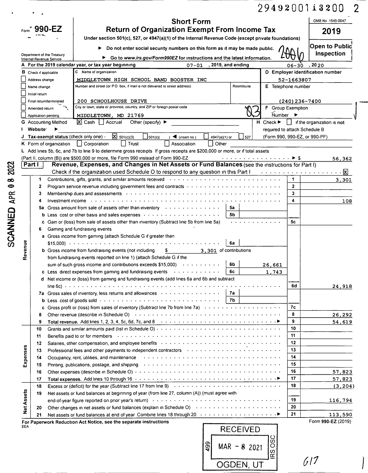 Image of first page of 2019 Form 990EZ for Middletown High School Band Boosters