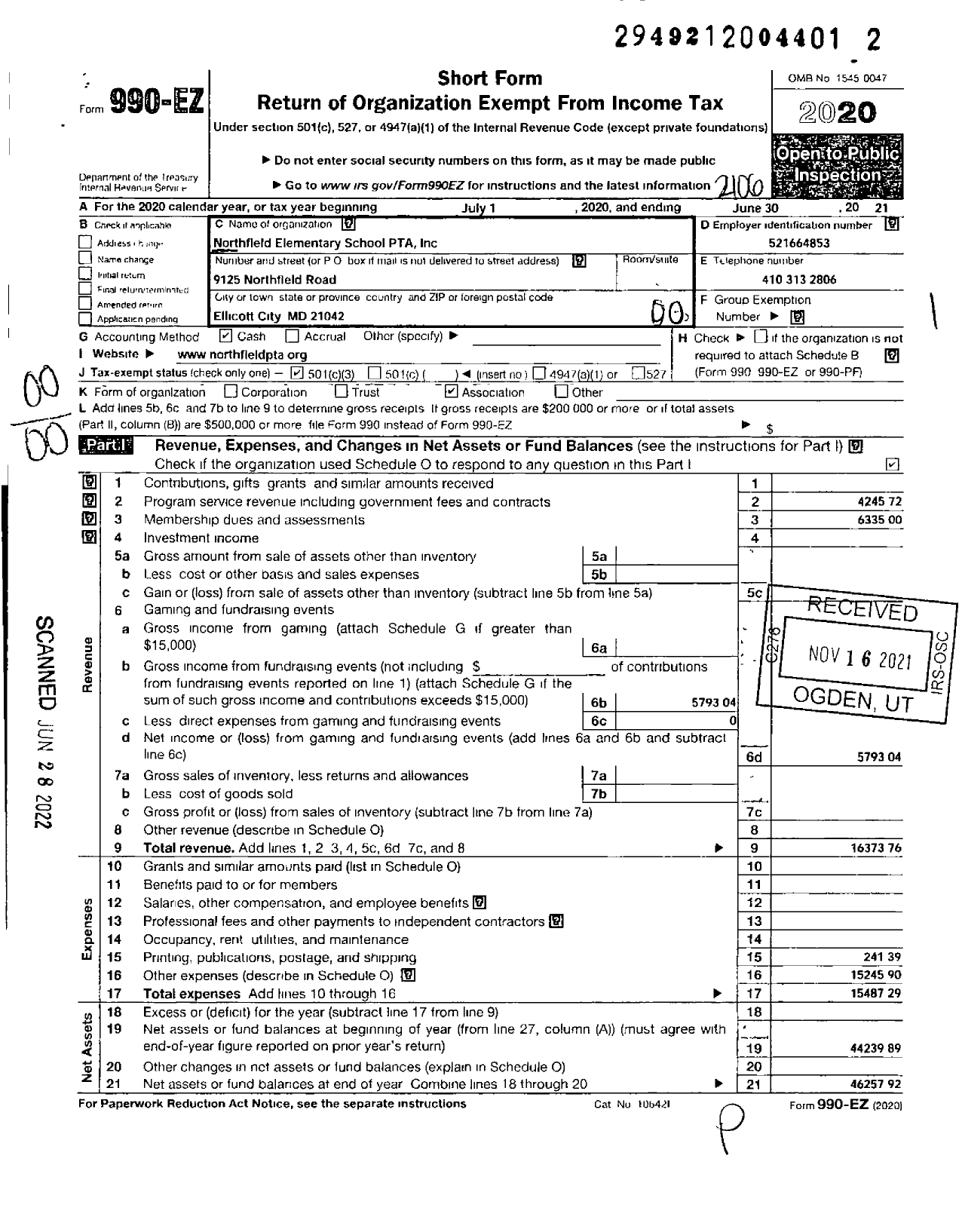 Image of first page of 2020 Form 990EO for Northfield Elementary School PTA