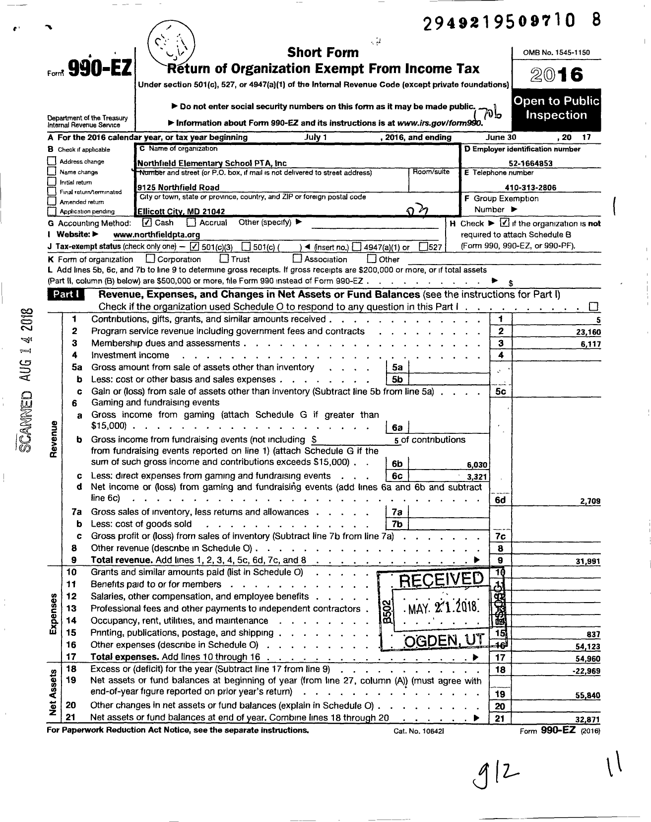 Image of first page of 2016 Form 990EZ for Northfield Elementary School PTA