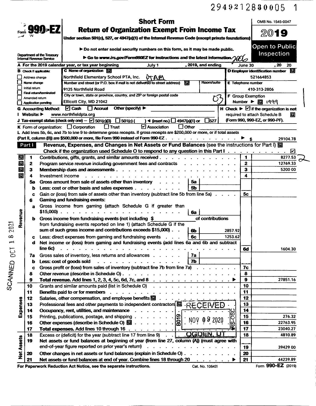 Image of first page of 2019 Form 990EZ for Northfield Elementary School PTA