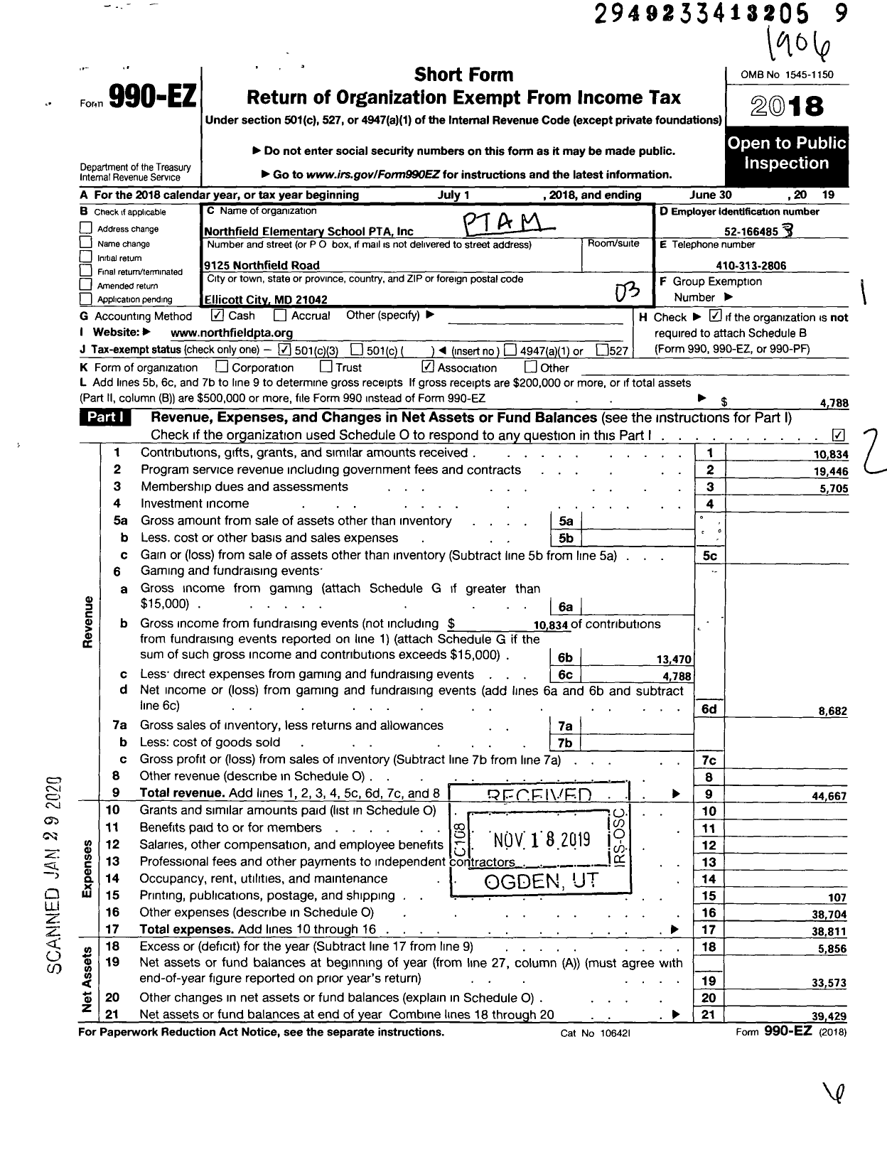 Image of first page of 2018 Form 990EZ for Northfield Elementary School PTA
