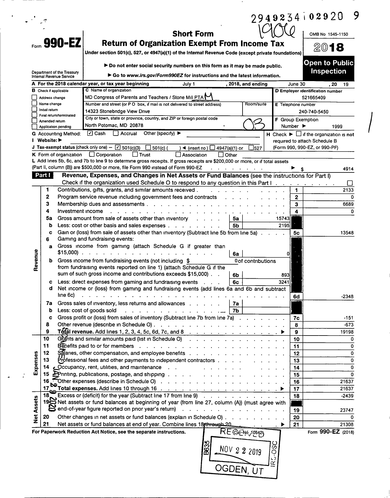 Image of first page of 2018 Form 990EZ for Stone Mill Elementary School PTA