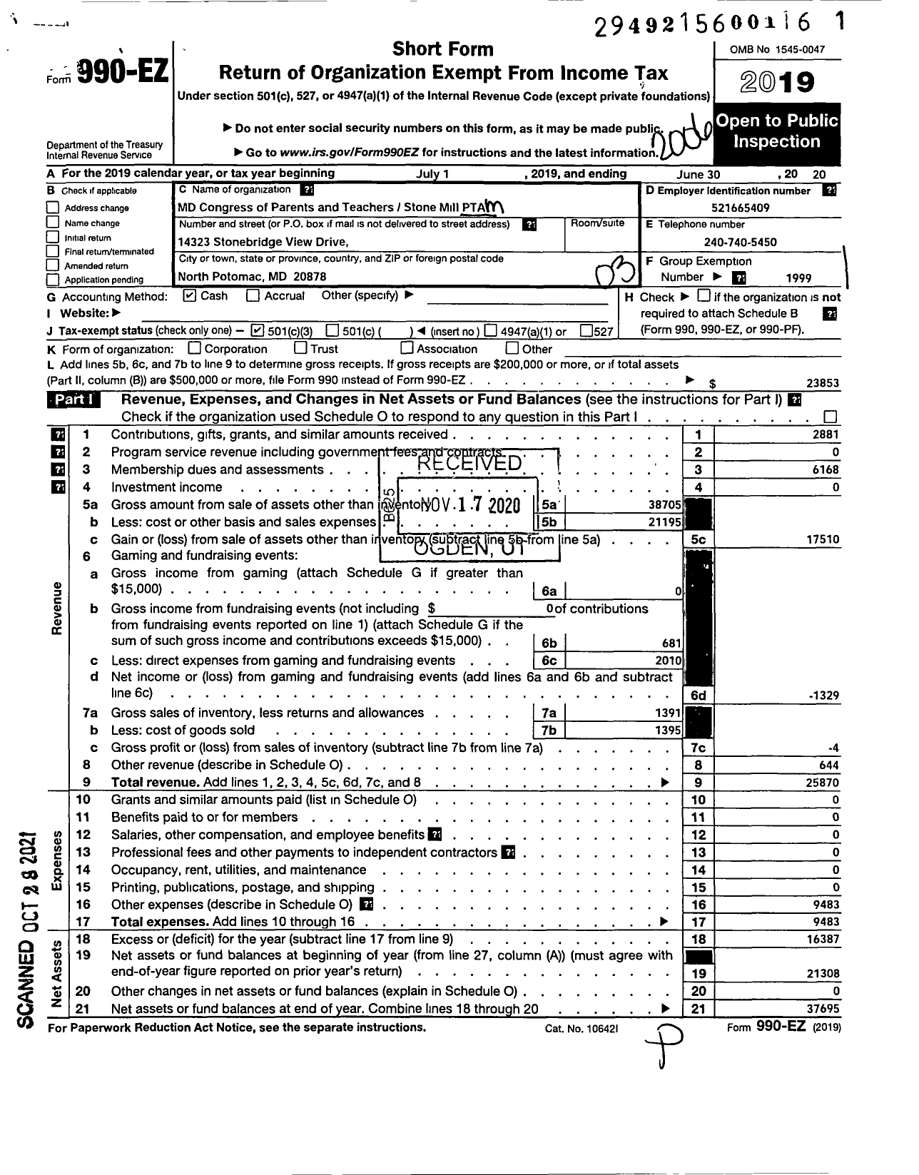 Image of first page of 2019 Form 990EZ for Stone Mill Elementary School PTA