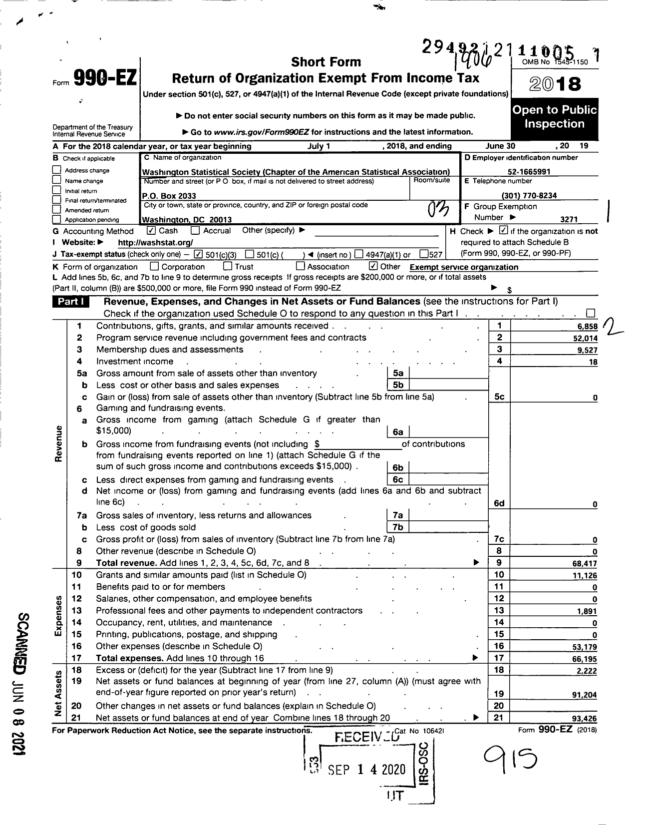 Image of first page of 2018 Form 990EZ for American Statistical Association / Washington Statistical Society