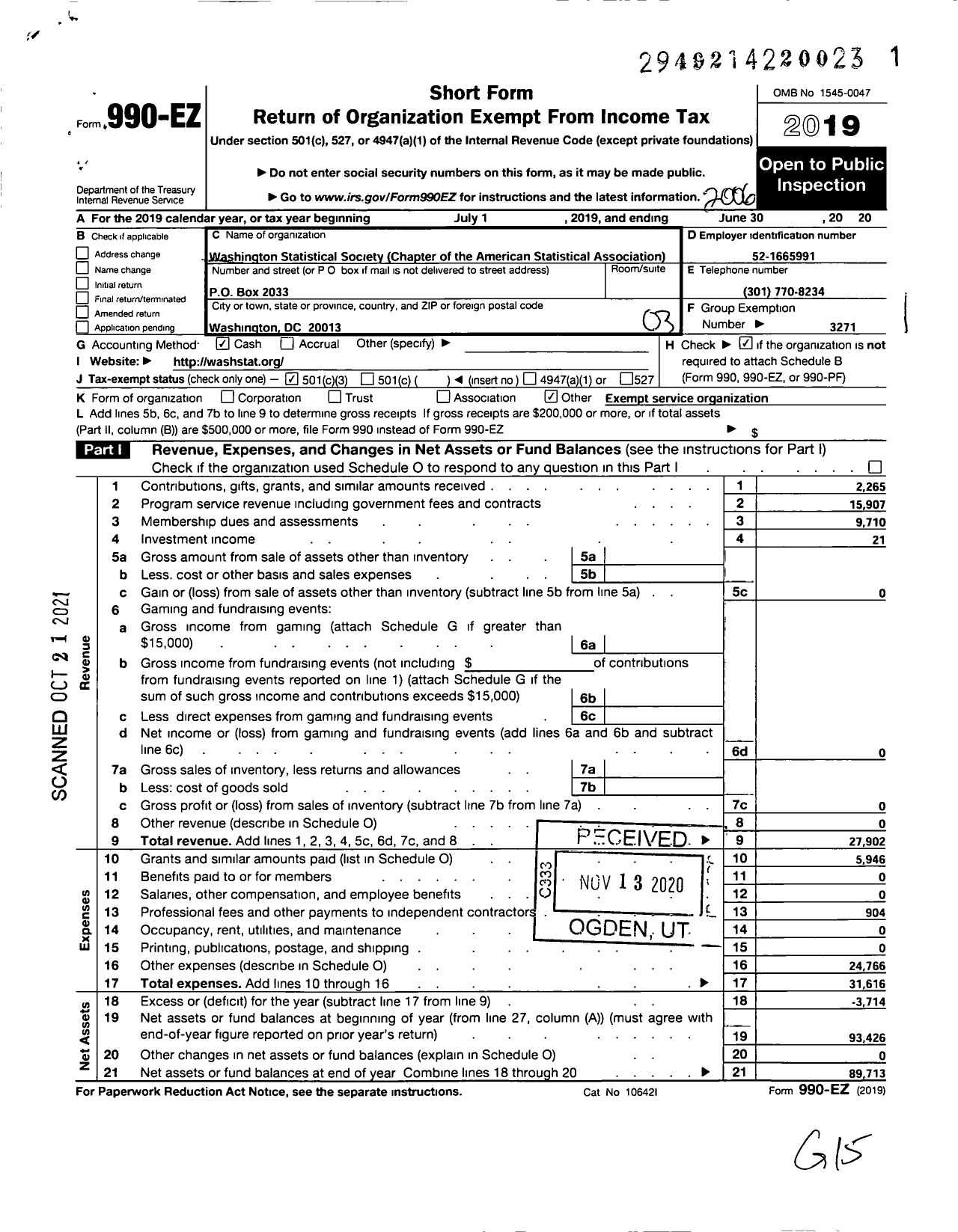 Image of first page of 2019 Form 990EZ for American Statistical Association / Washington Statistical Society