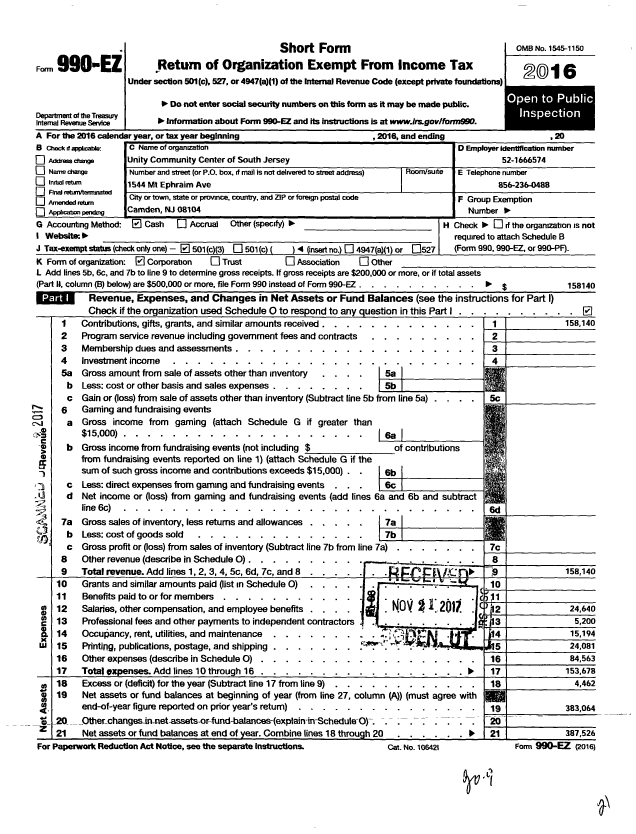 Image of first page of 2016 Form 990EZ for Unity Community Center of South Jersey