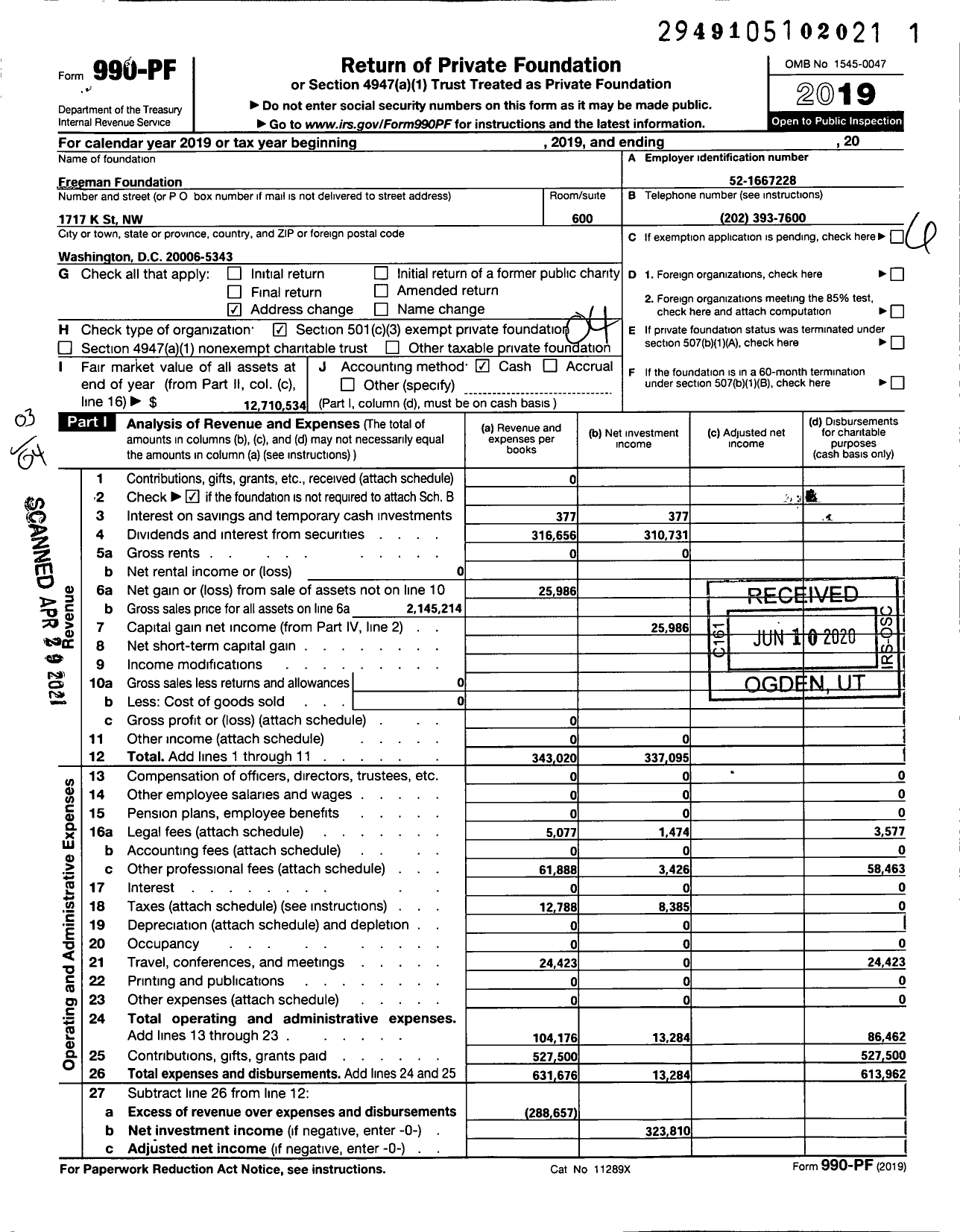 Image of first page of 2019 Form 990PF for Freeman Foundation