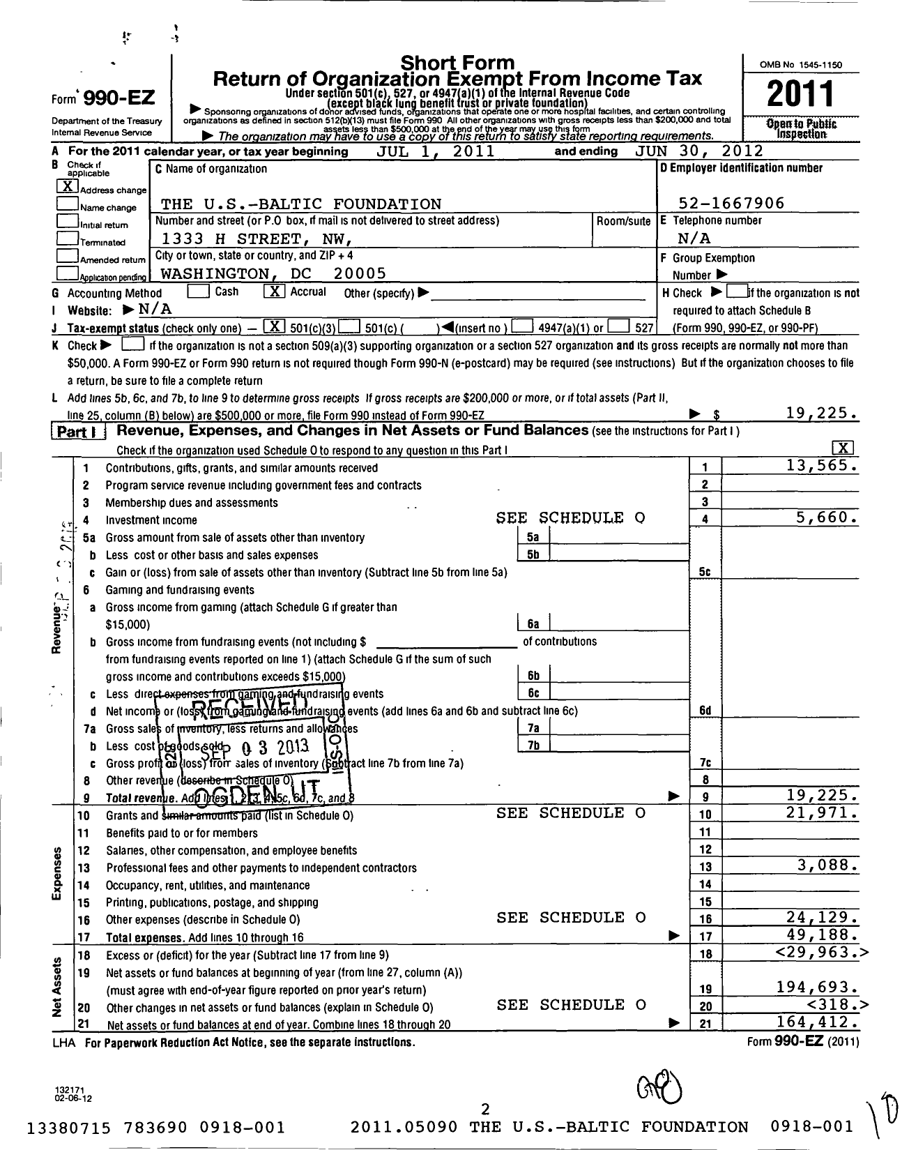 Image of first page of 2011 Form 990EZ for Us Baltic Foundation