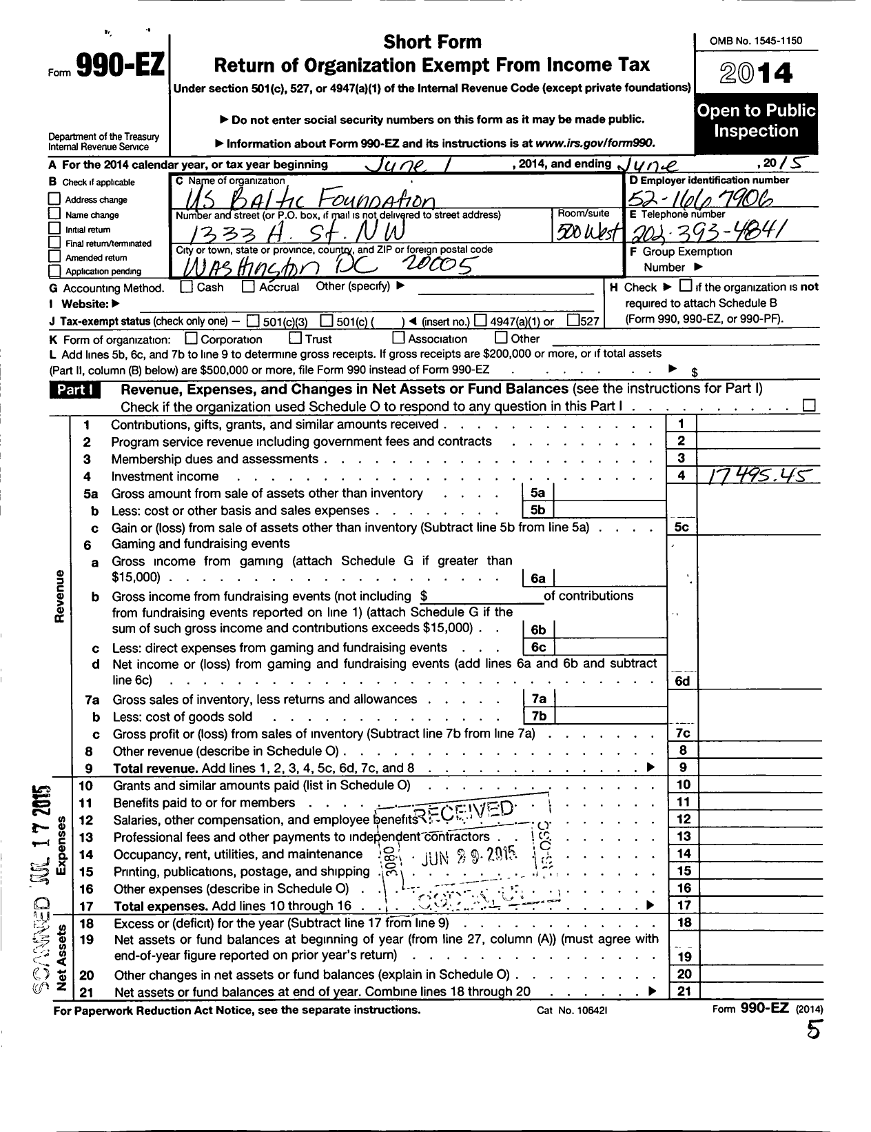 Image of first page of 2014 Form 990EO for Us Baltic Foundation