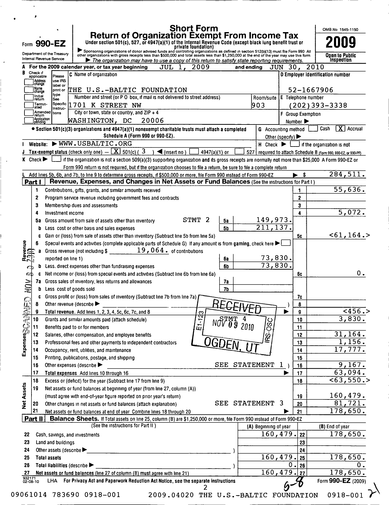 Image of first page of 2009 Form 990EZ for Us Baltic Foundation