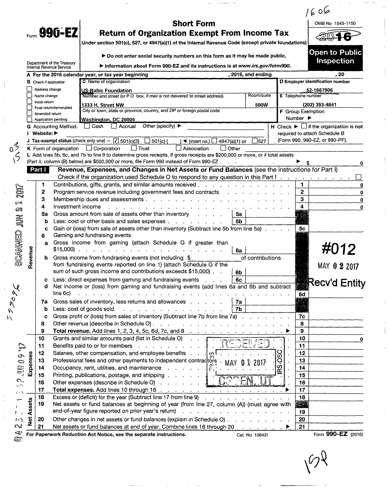 Image of first page of 2015 Form 990EZ for Us Baltic Foundation