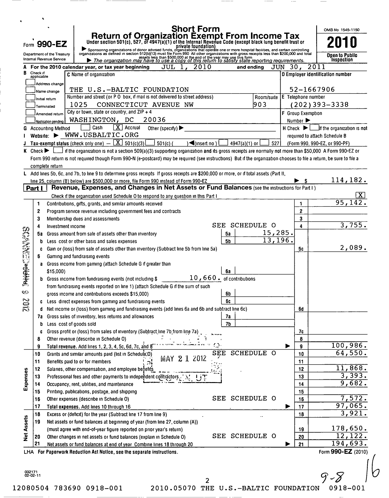 Image of first page of 2010 Form 990EZ for Us Baltic Foundation