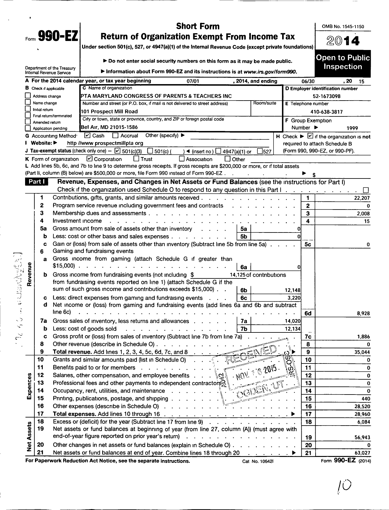 Image of first page of 2014 Form 990EZ for PTA Delaware Congress / Prospect Mill Elementary School PTA