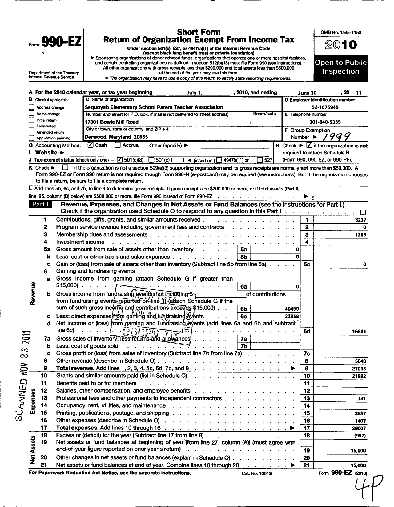 Image of first page of 2010 Form 990EZ for PTA Delaware Congress / Sequoyah Elementary School PTA