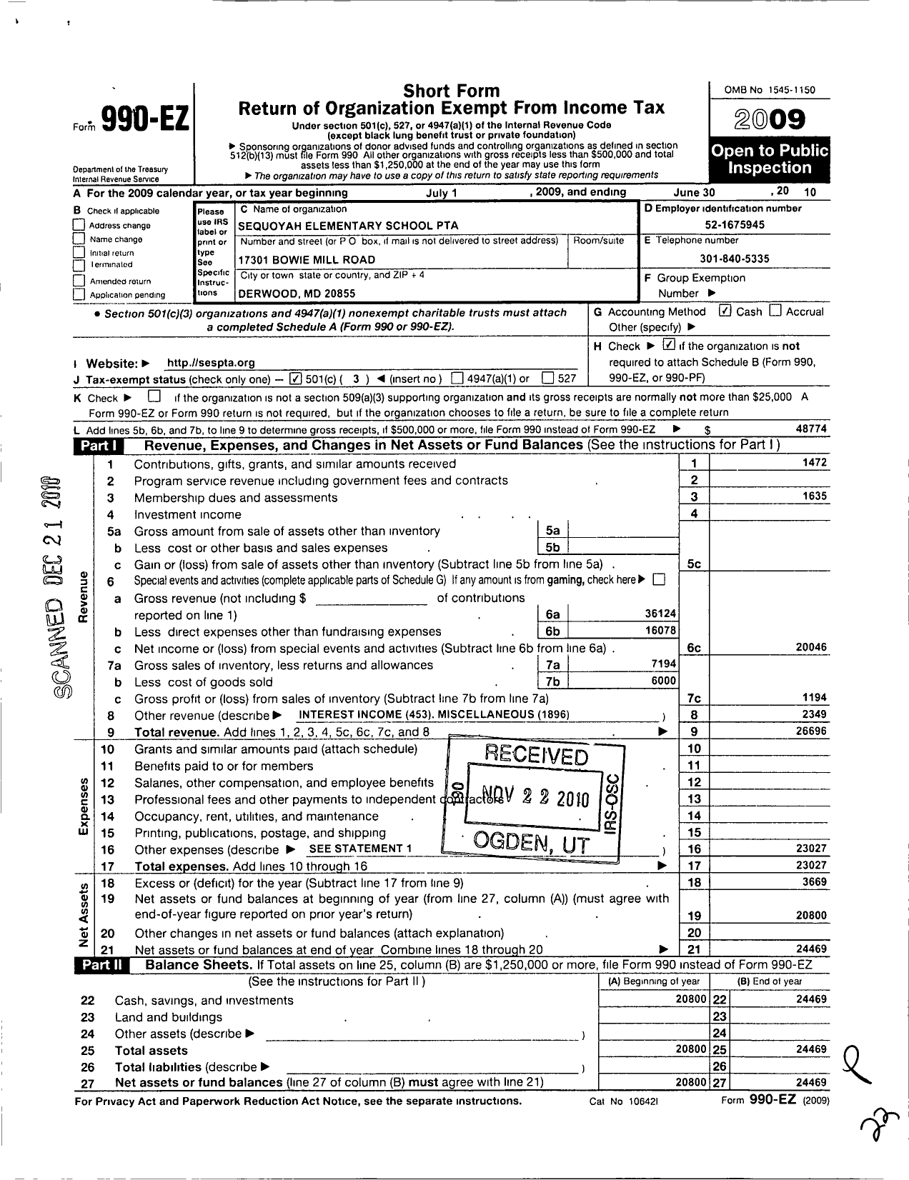 Image of first page of 2009 Form 990EZ for PTA Delaware Congress / Sequoyah Elementary School PTA