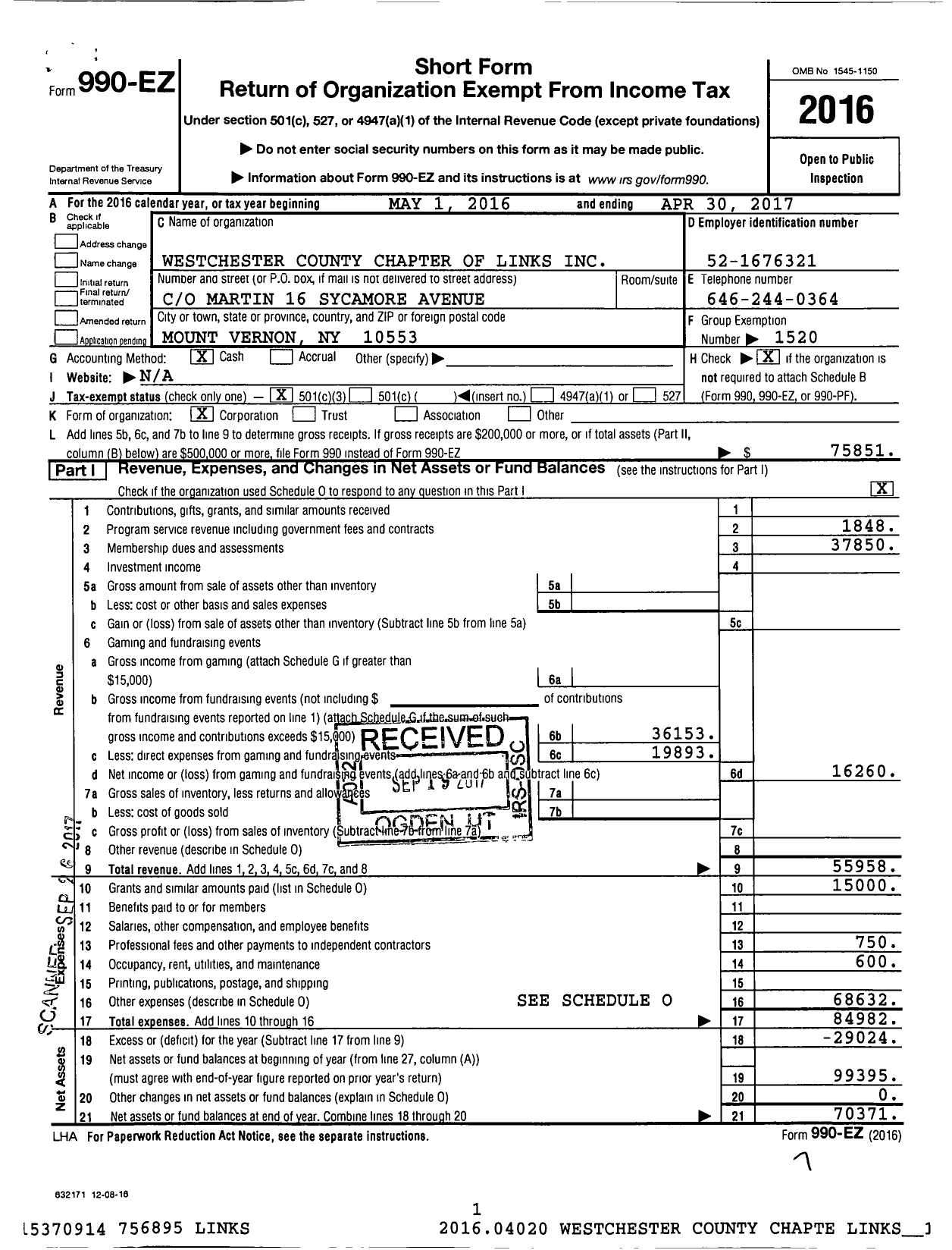 Image of first page of 2016 Form 990EZ for Westchester County Chapter the Links Incorporated