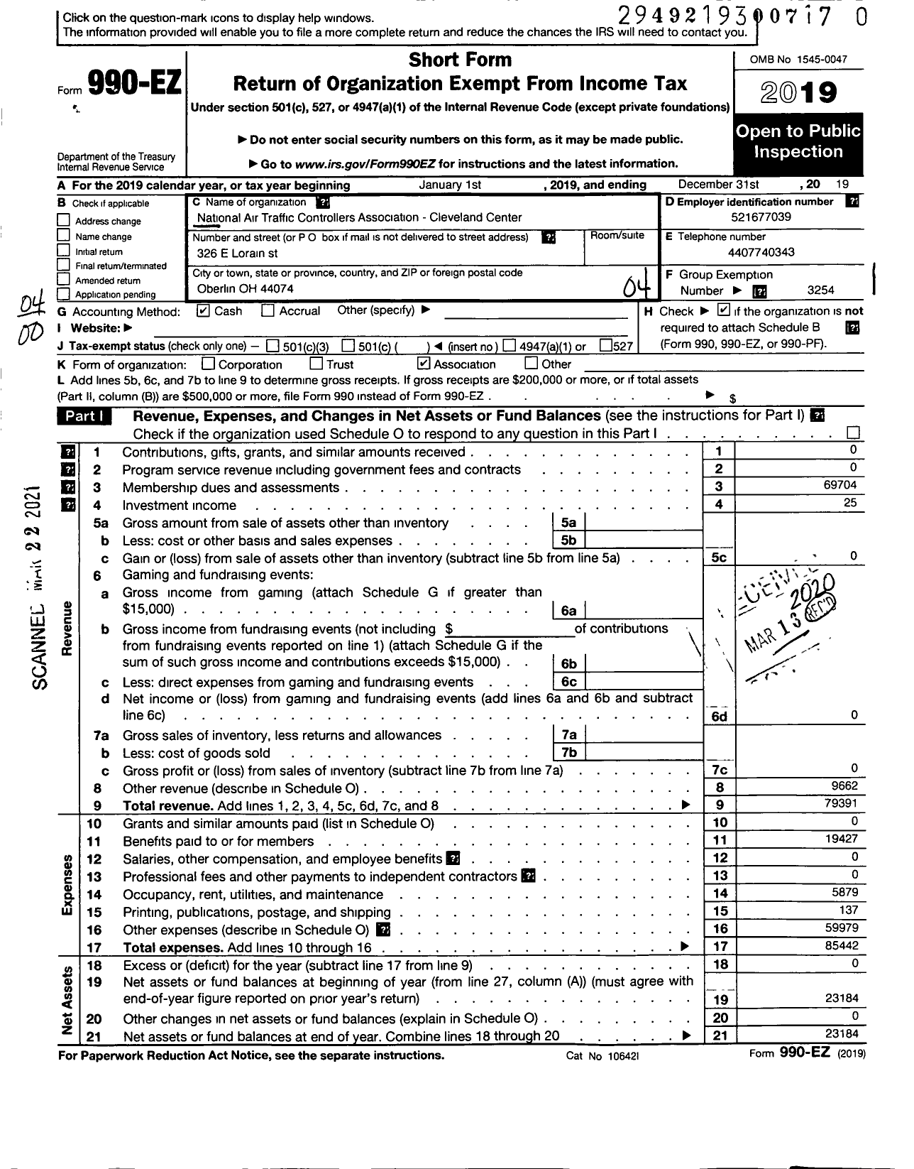 Image of first page of 2019 Form 990EO for National Air Traffic Controllers Association / Natca Local Zob