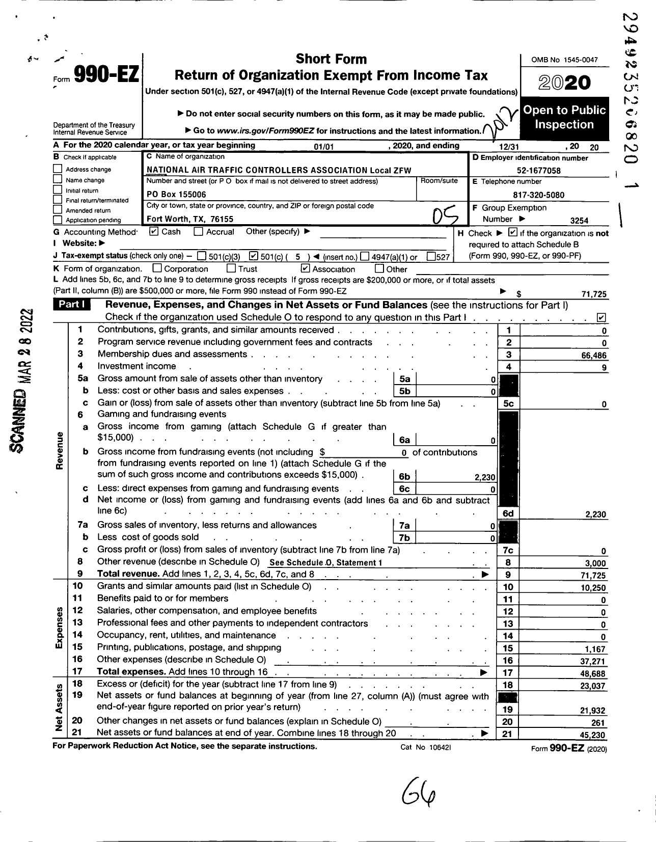 Image of first page of 2020 Form 990EO for National Air Traffic Controllers Association / Natca Local ZFW