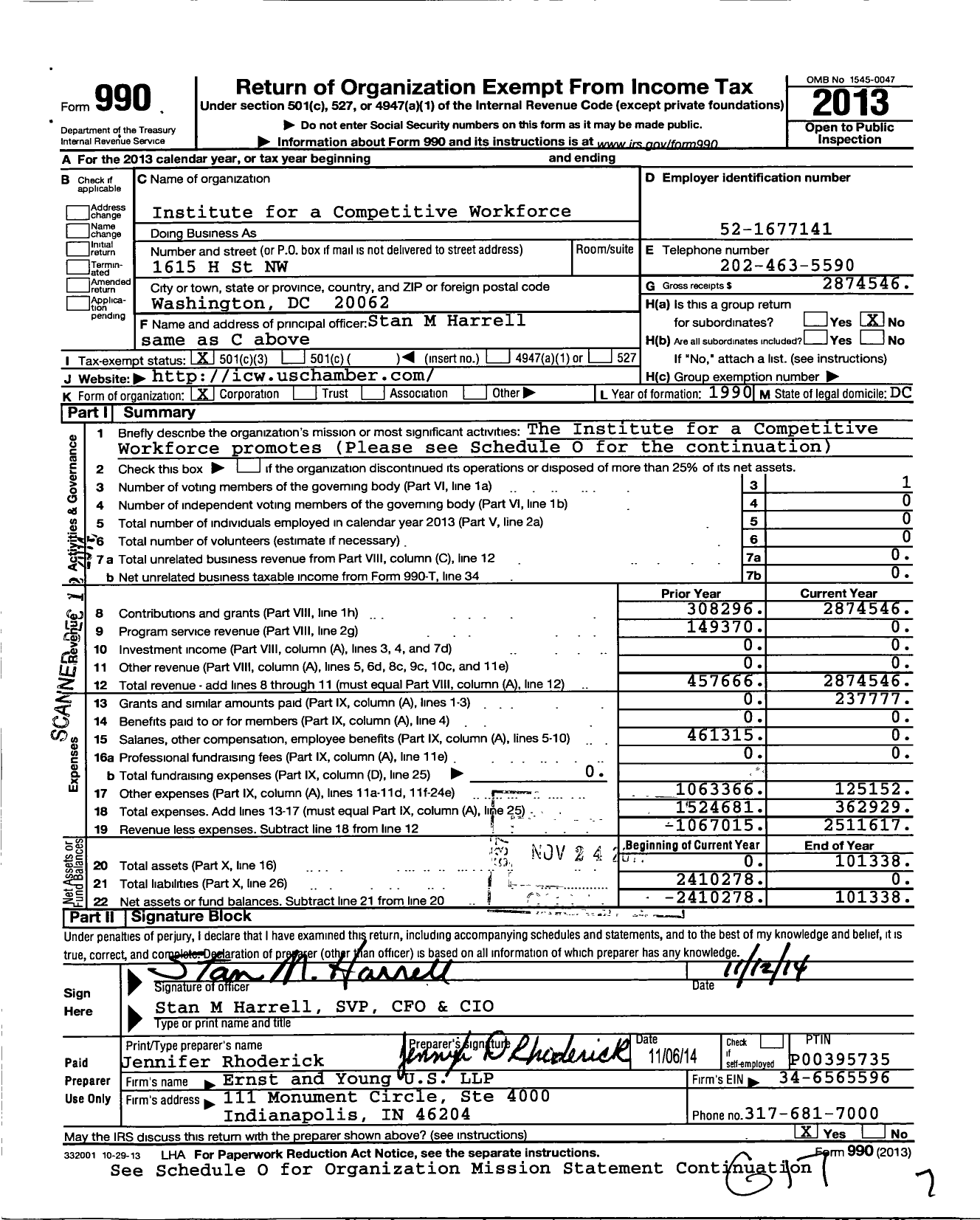 Image of first page of 2013 Form 990 for Institute for A Competitive Workforce